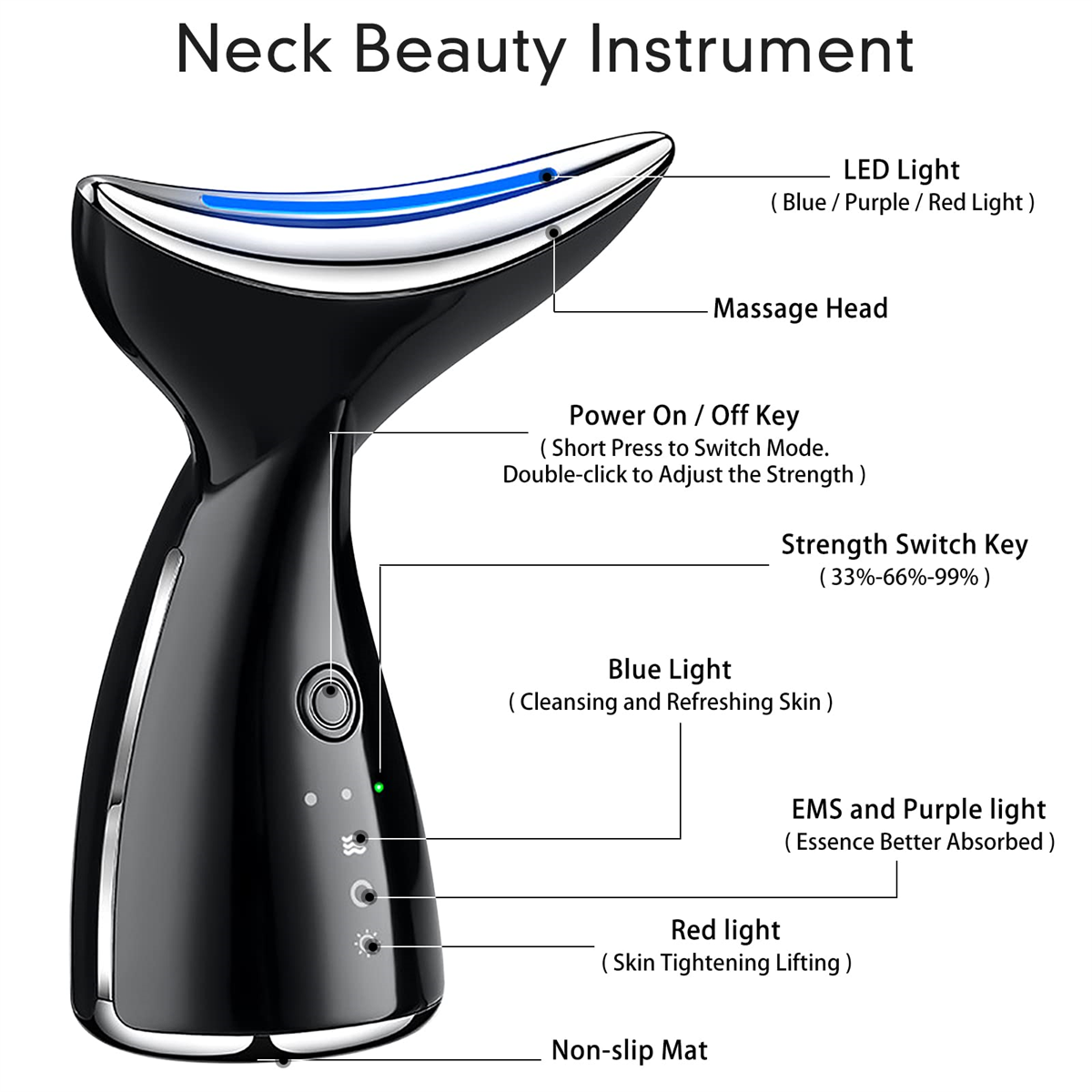 Hals-Schönheitsinstrument mit Beschriftungen für LED-Licht, Massagekopf und mehr.