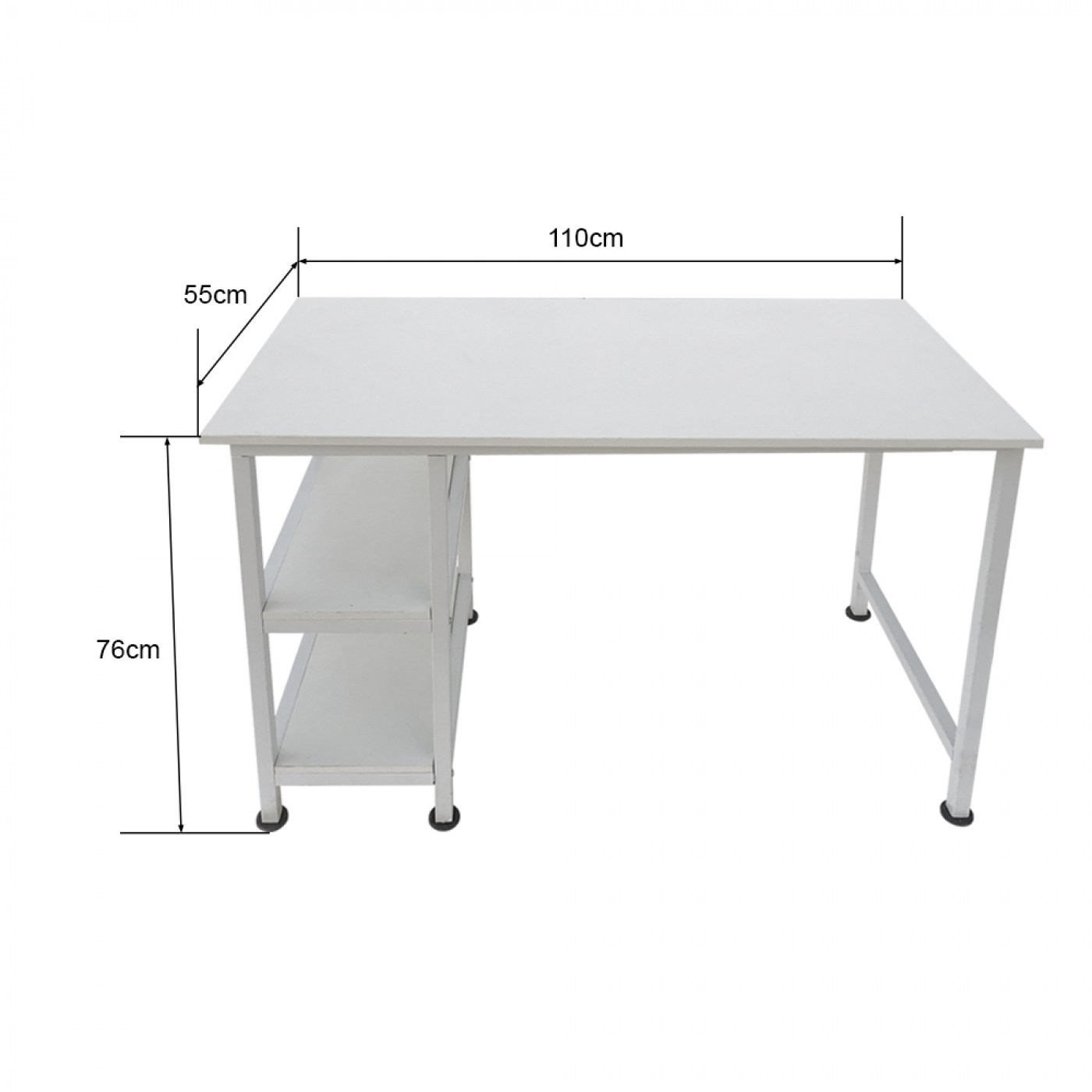 Witte bureau met een rek met twee niveaus, afmetingen getoond. 110cm x 76cm x 55cm.