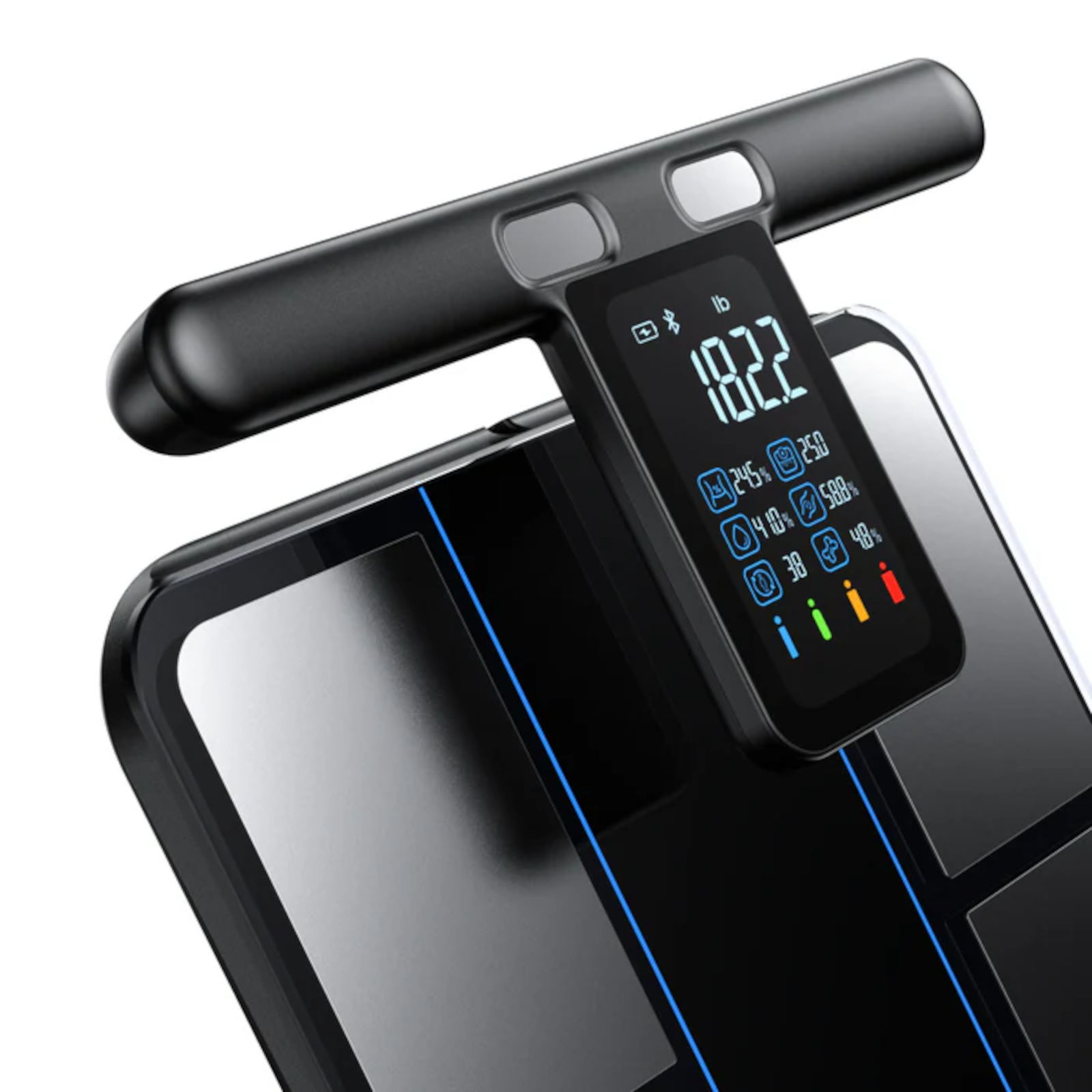 Schwarze und silberne Smart-Waage mit digitaler Anzeige, die das Gewicht anzeigt.