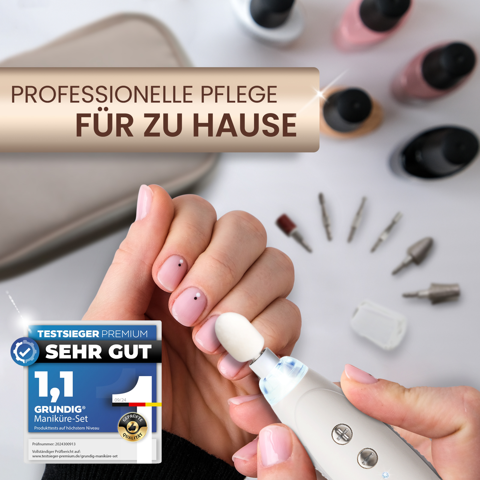 Frau, die ein Manikürewerkzeug an ihren Nägeln benutzt. Text: 'Professionelle Pflege für zu Hause'.