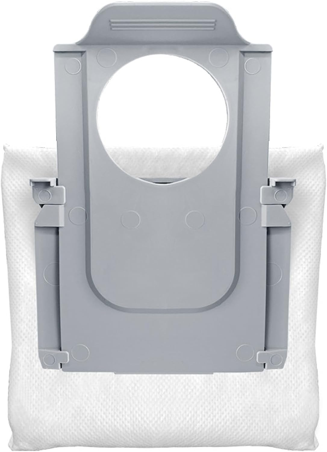 Biały worek z szarą plastikową częścią do odkurzacza.