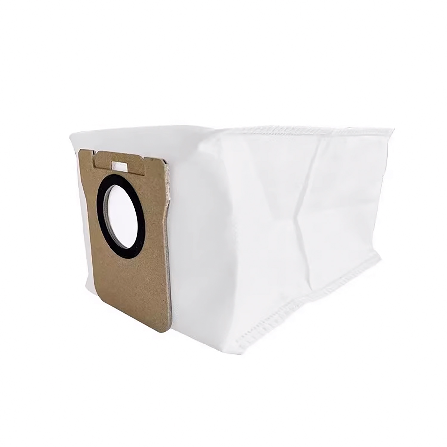 Witte stofzuigerzak, karton en plastic. Geïsoleerd op een witte achtergrond.