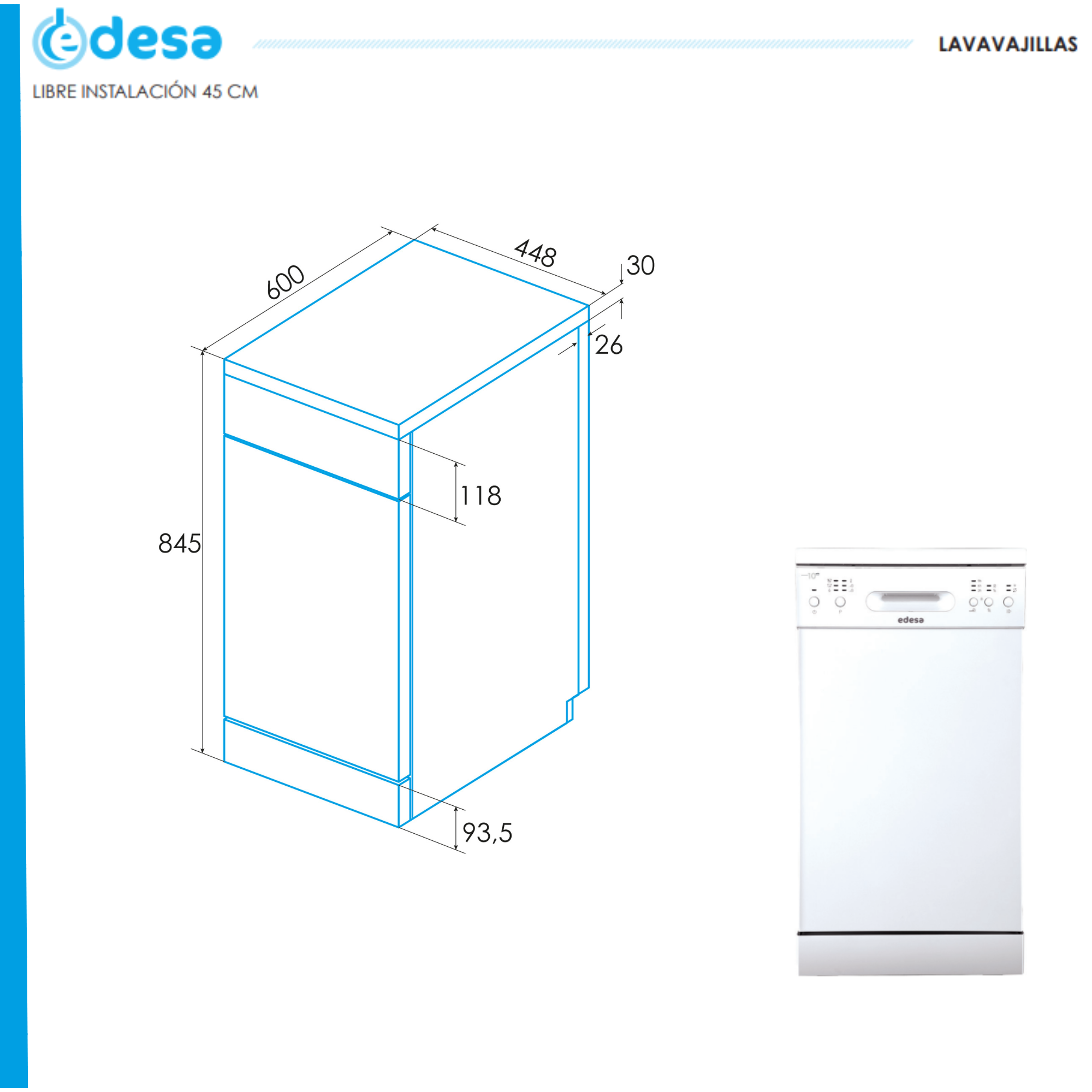 Lavavajillas blanco con dimensiones en un diagrama, en un entorno de cocina.