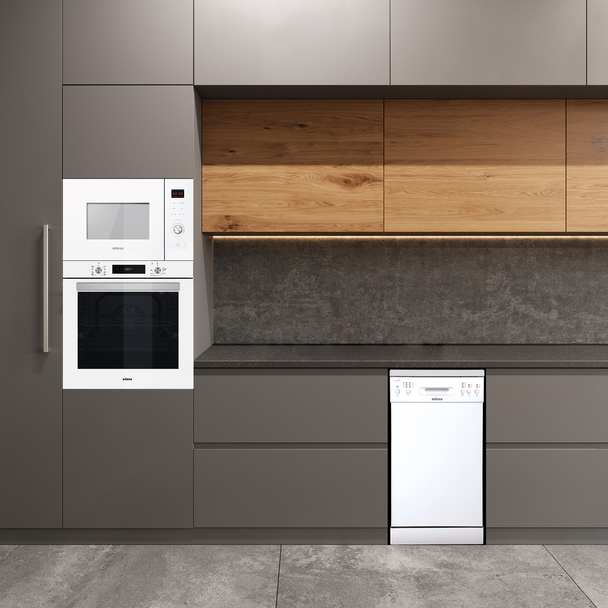 Cocina moderna con electrodomésticos blancos: microondas, horno y lavavajillas. Muebles de madera y grises.