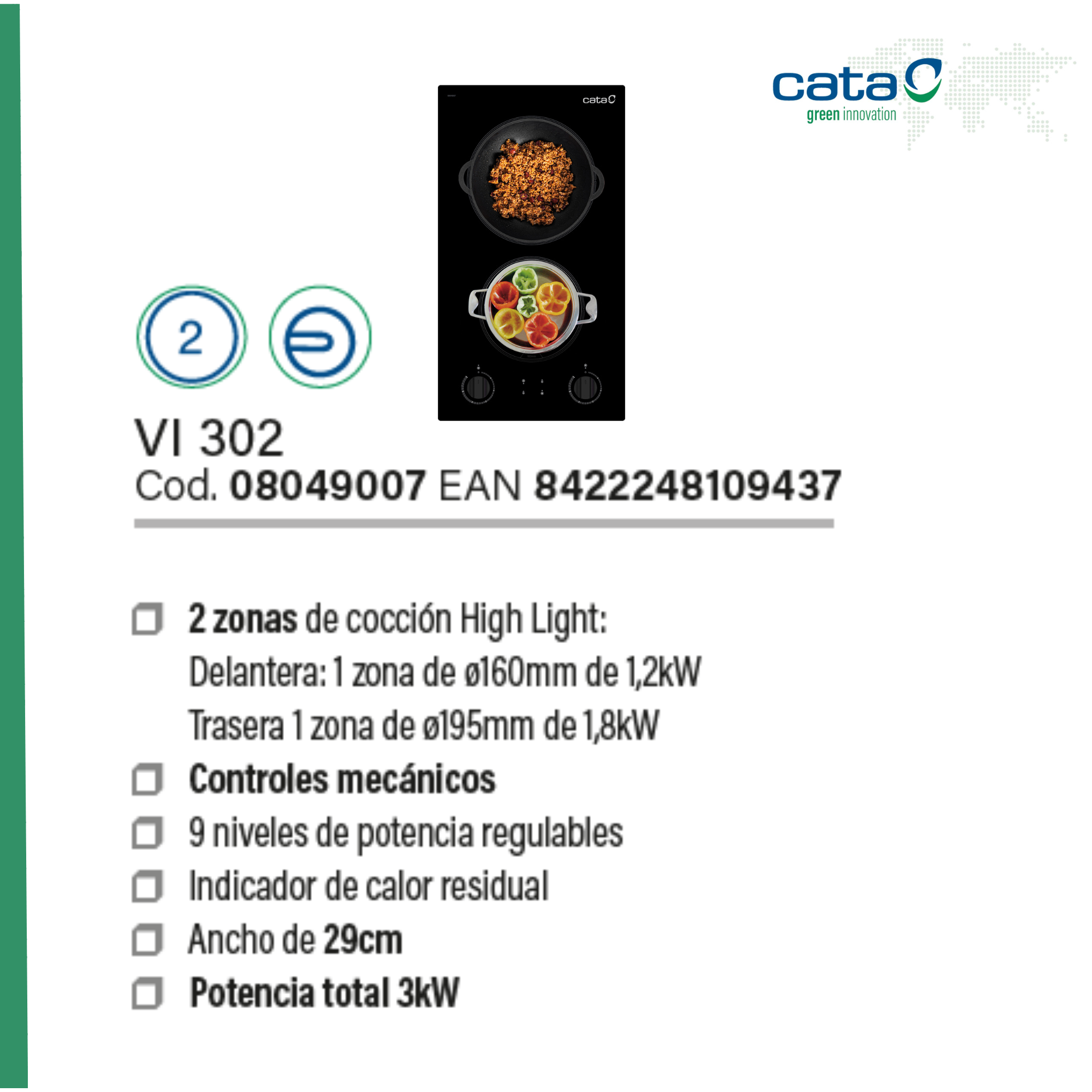 Placa de cocina con dos zonas de cocción. Vista superior de comida cocinándose. Controles y marca visibles.