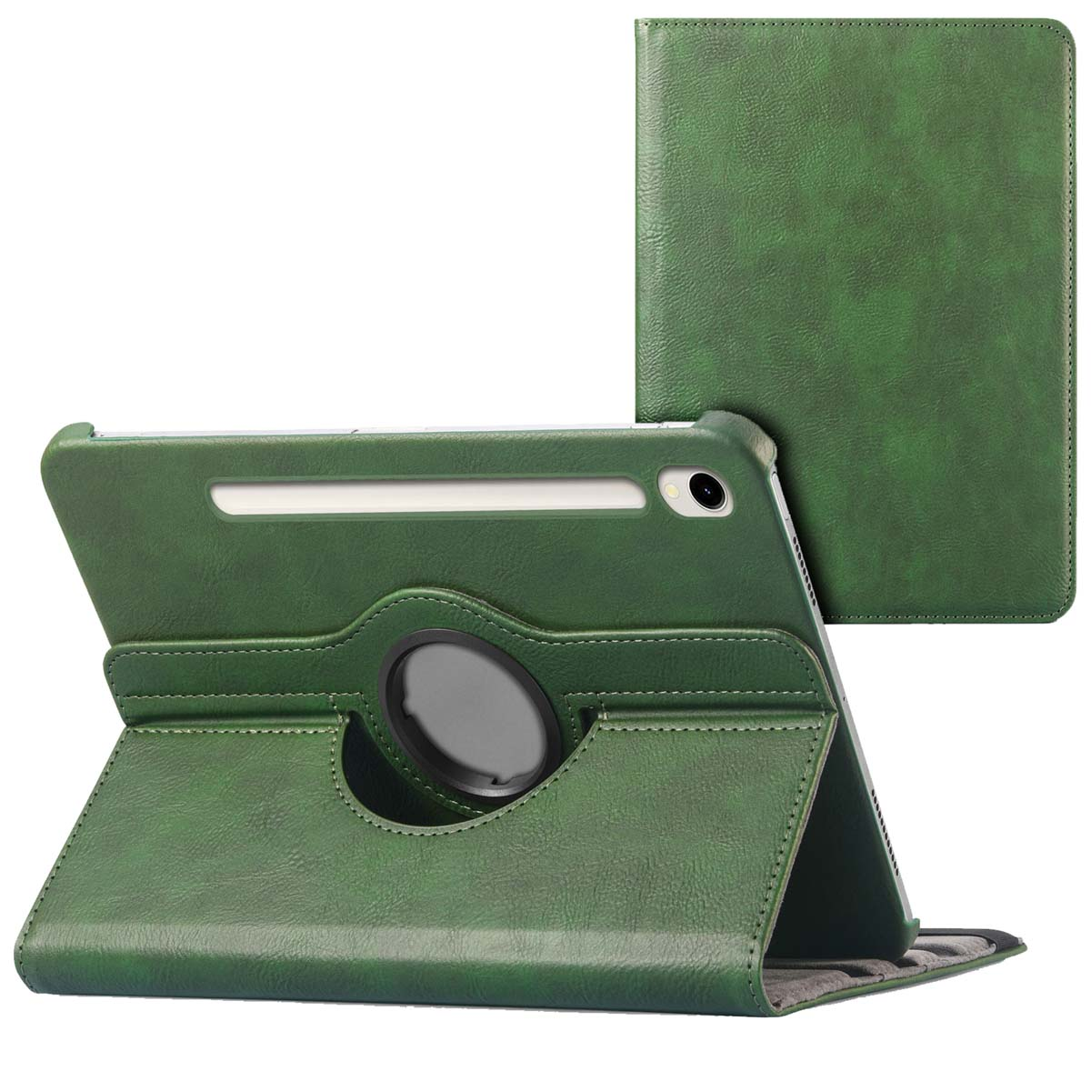 Groene tablethoes, opengeklapt om te staan. Hoes groen, tablet zichtbaar. Extra stuk om het scherm te bedekken.