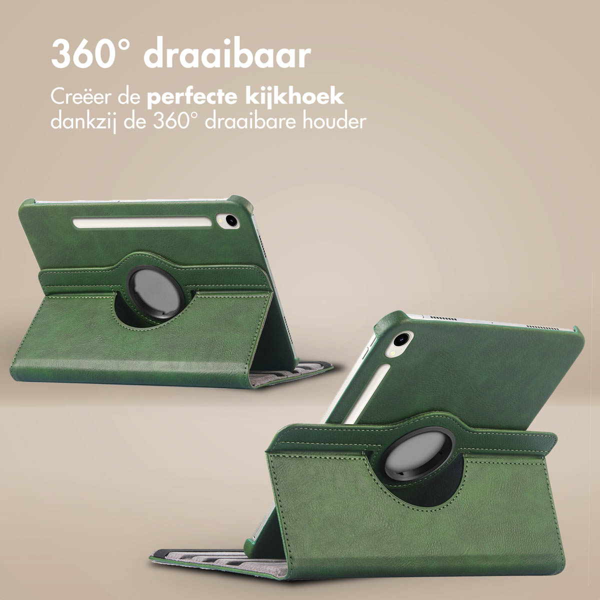 Twee groene tablet hoesjes, met de tablet erin. Hoesjes kunnen draaien en als standaard worden gebruikt.