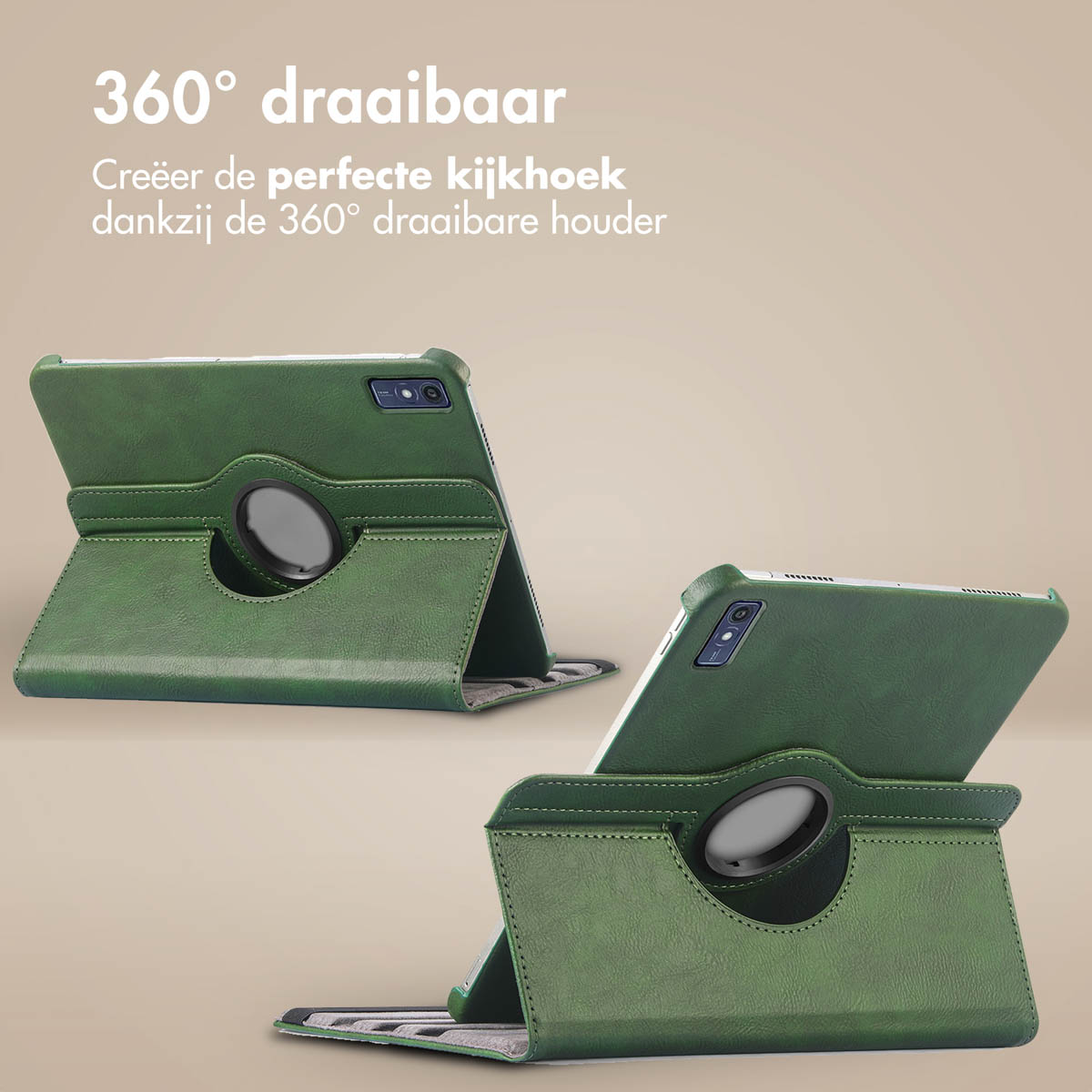 Green tablet case that can rotate. The case holds the tablet in place.