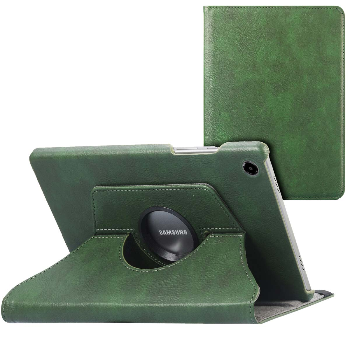 Étui de tablette vert avec support. La tablette est placée dans un étui qui se plie pour créer un support.