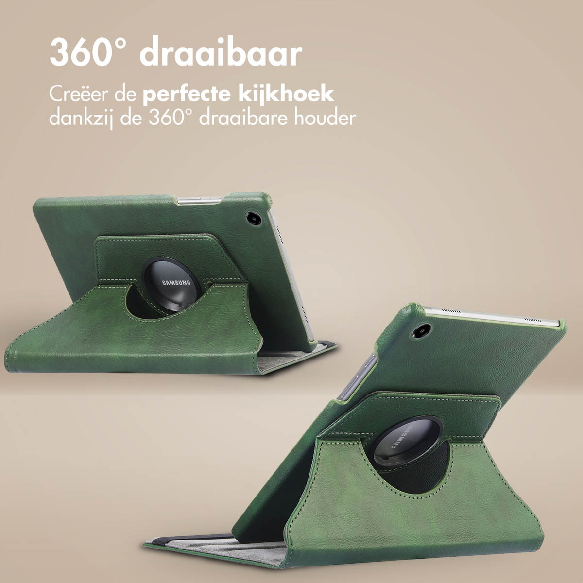 Étui de tablette vert avec support. La tablette affiche le logo Samsung. Fond clair.
