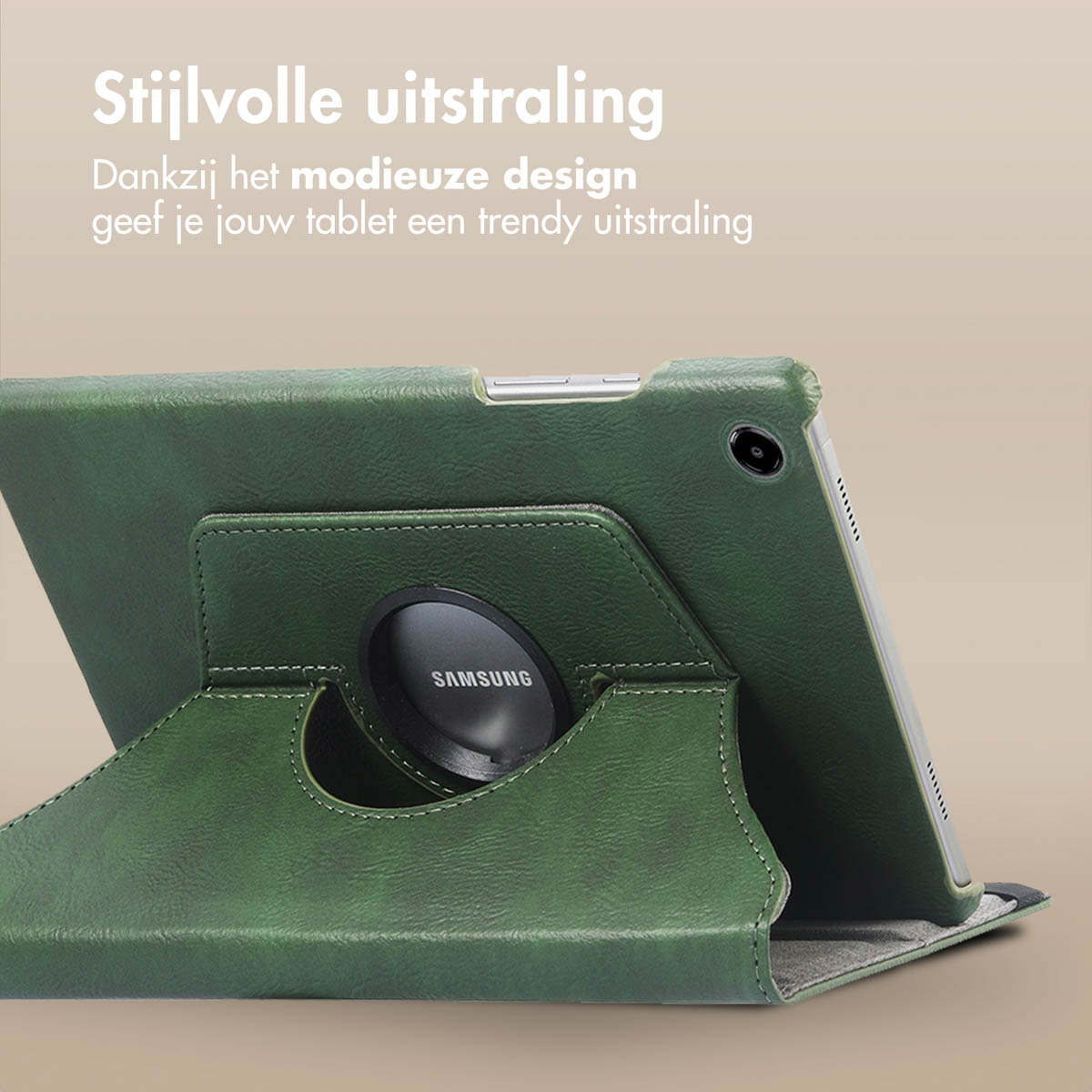 Une tablette dans un étui vert. La tablette affiche un écran. L'étui porte un logo Samsung.