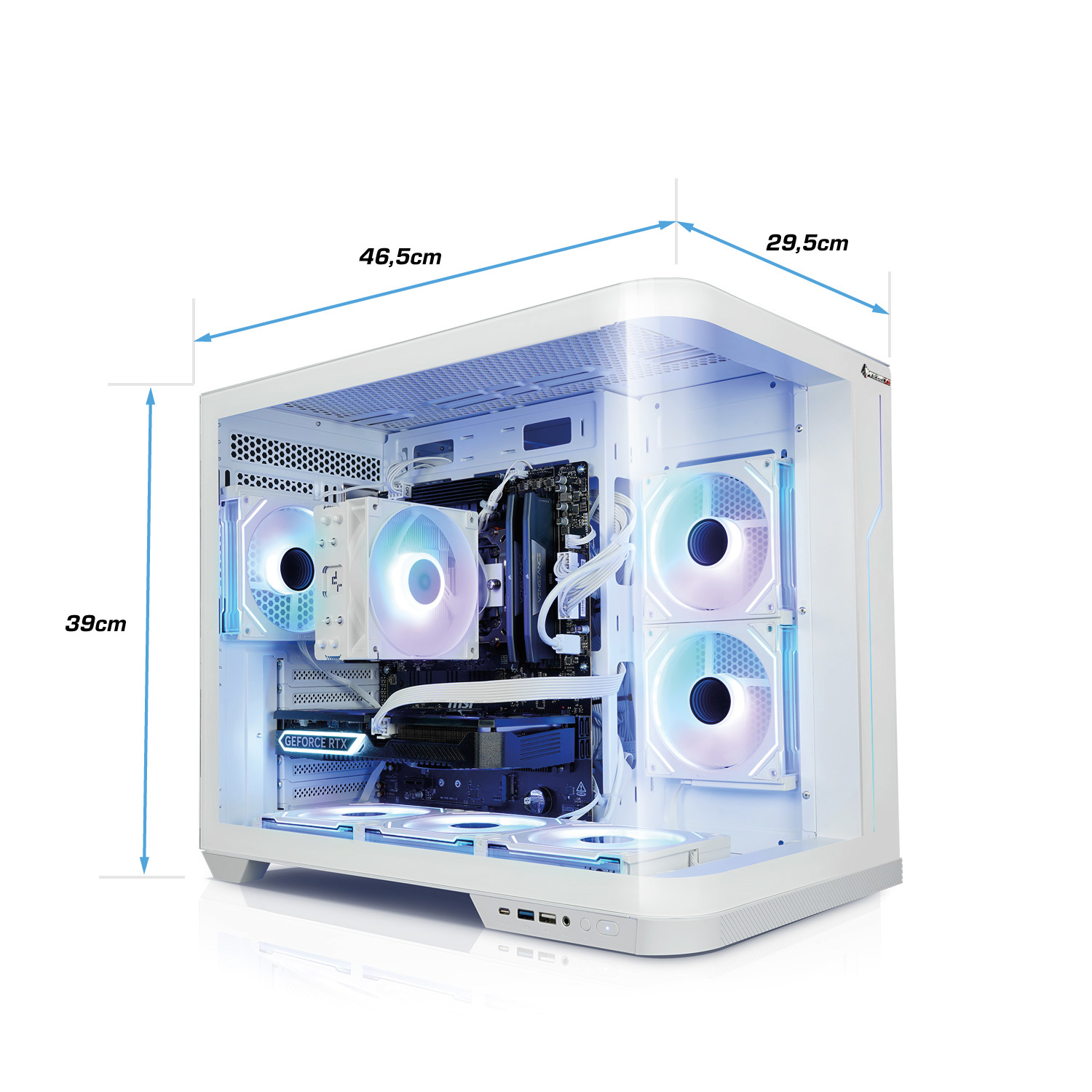 Weißes PC-Gehäuse mit sichtbaren Komponenten, einschließlich Lüftern und Grafikkarte. Abmessungen gezeigt.