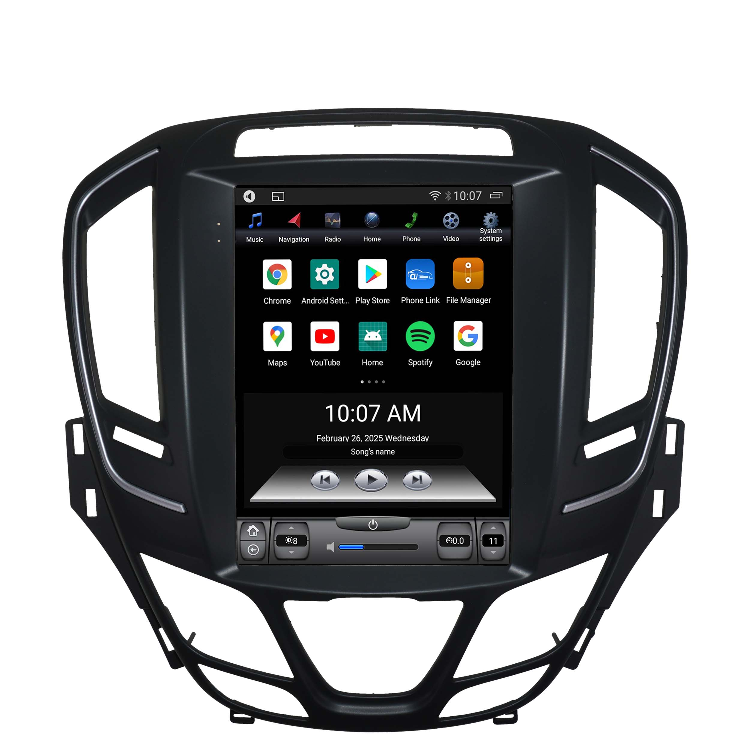 Ein Autoradio mit Touchscreen-Display, das Apps und die Uhrzeit anzeigt.