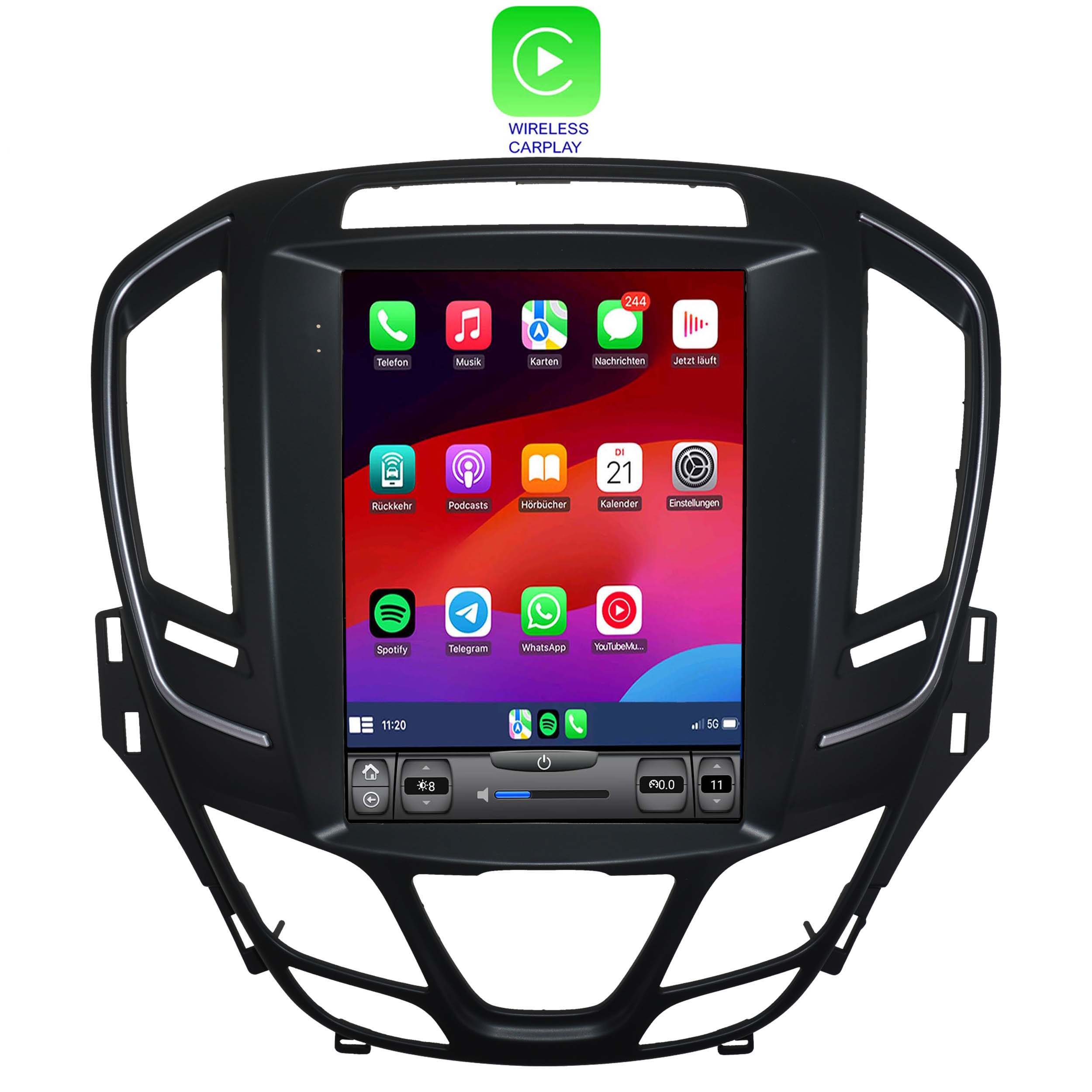 Auto-Infotainmentsystem, Touchscreen zeigt Apps, Icons und ein Wireless-Carplay-Logo an. Das Gerät ist schwarz.