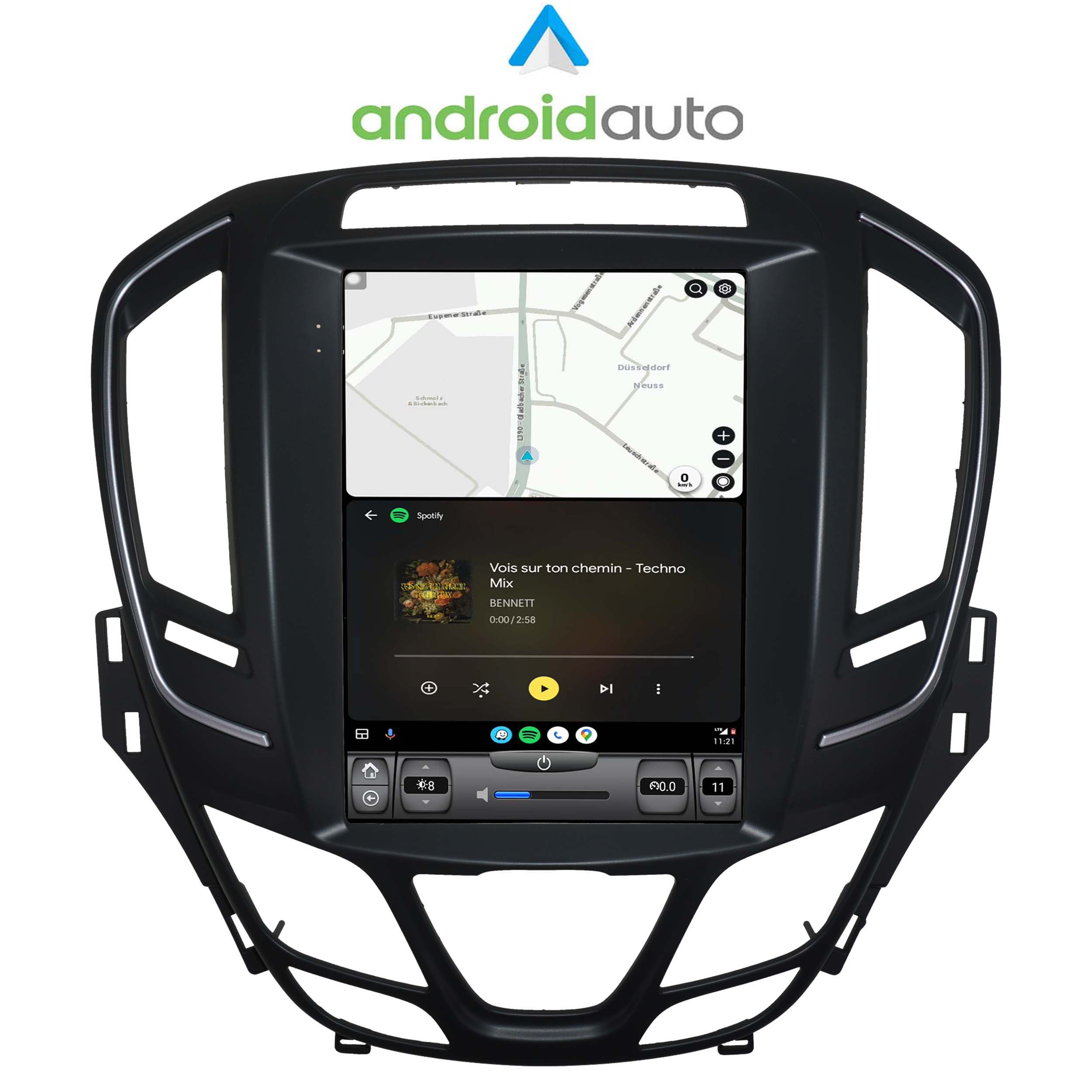 Auto-Infotainmentsystem mit Navigationskarte, Musiksteuerung und Android Auto Logo.
