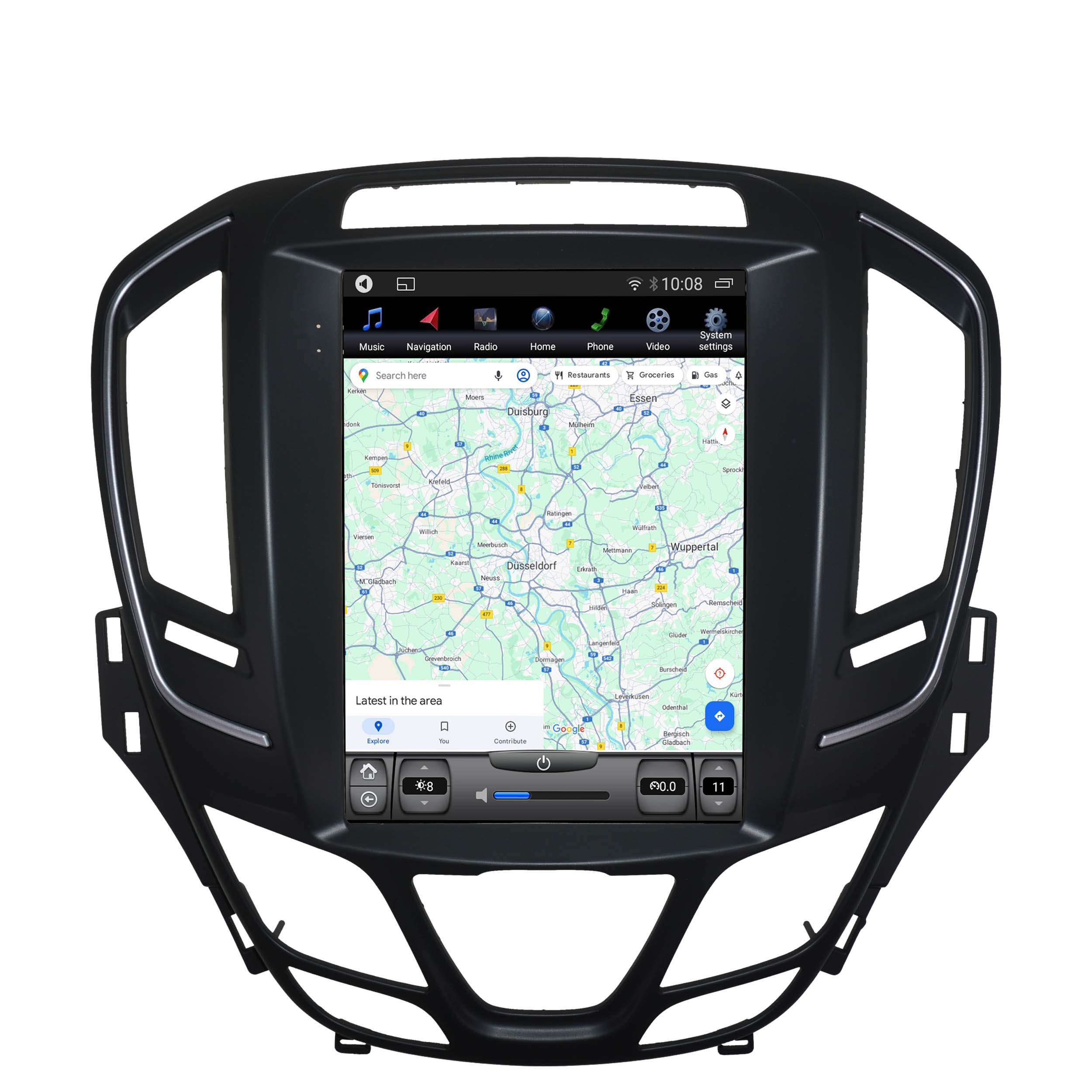 Bildschirm eines Auto-Multimedia-Systems. Der Bildschirm zeigt eine Kartenoberfläche. Das Gerät ist schwarz und hat Knöpfe.
