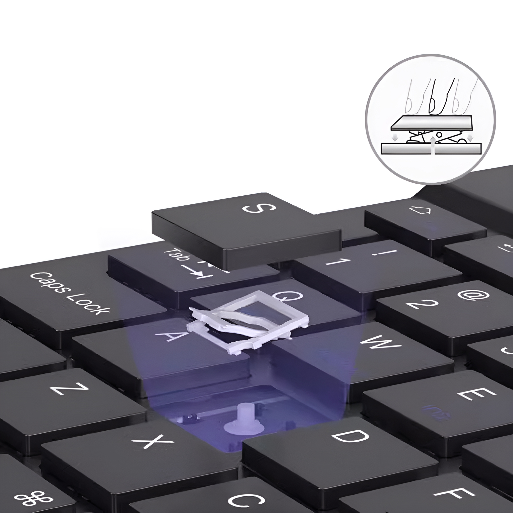 Nahaufnahme der Tastatur mit Entfernung der Tastenkappe und Diagramm des Tastenmechanismus.