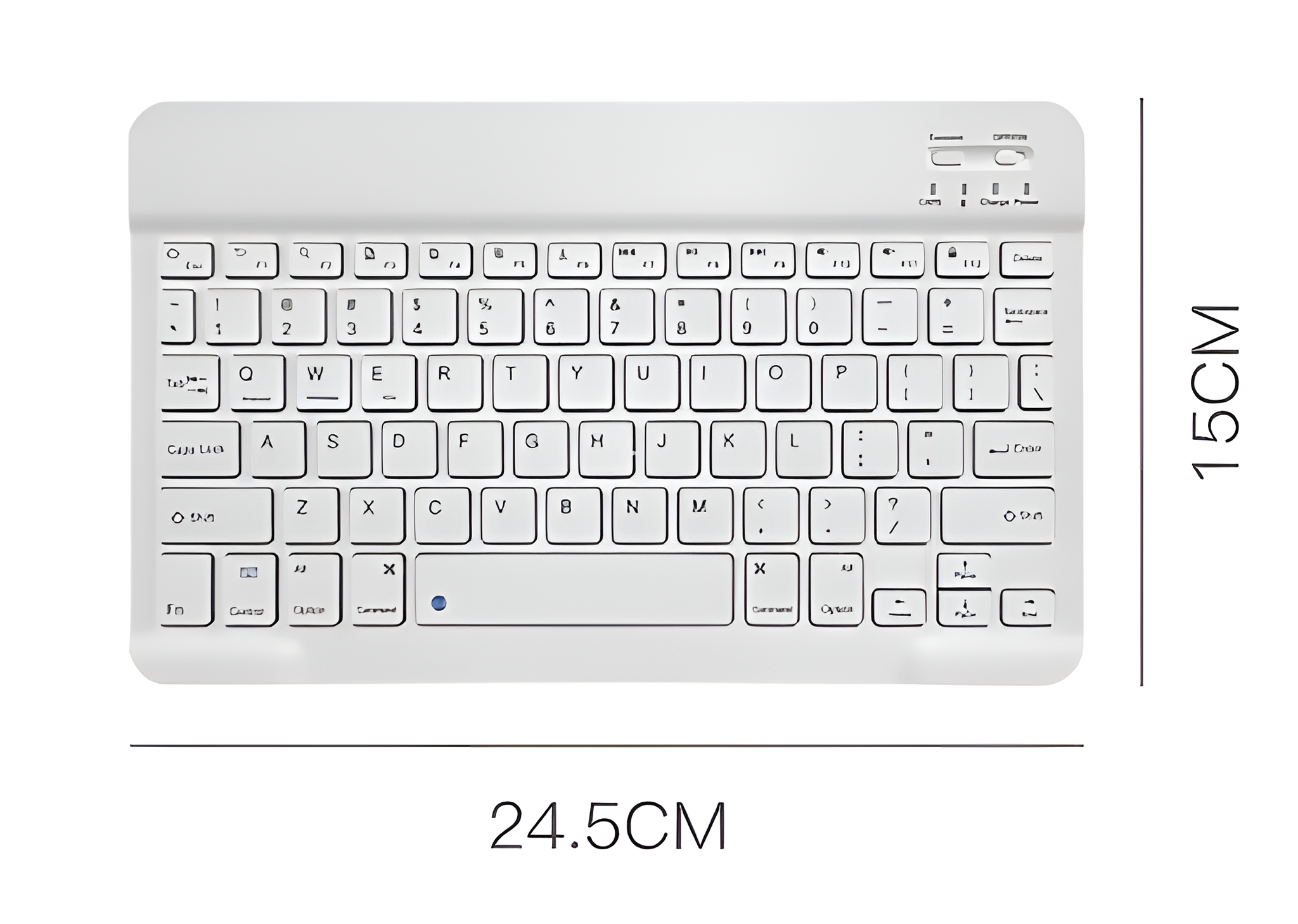 Weiße kabellose Tastatur mit vollständigem QWERTZ-Layout. Sie ist 24,5 cm breit und 15 cm hoch.