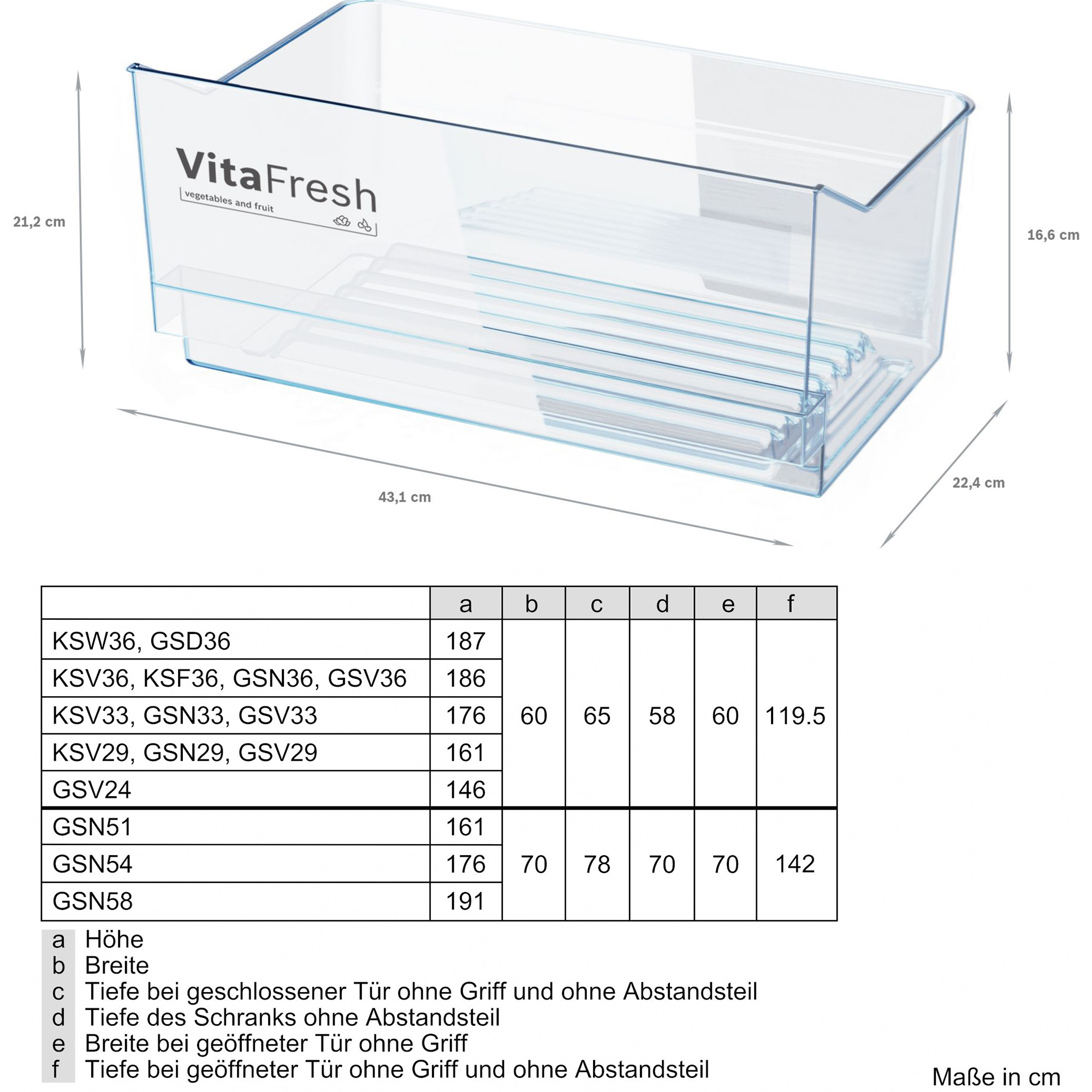 Transparenter VitaFresh Gemüse- und Obstbehälter mit Abmessungen und Maßen in einer Tabelle darunter.