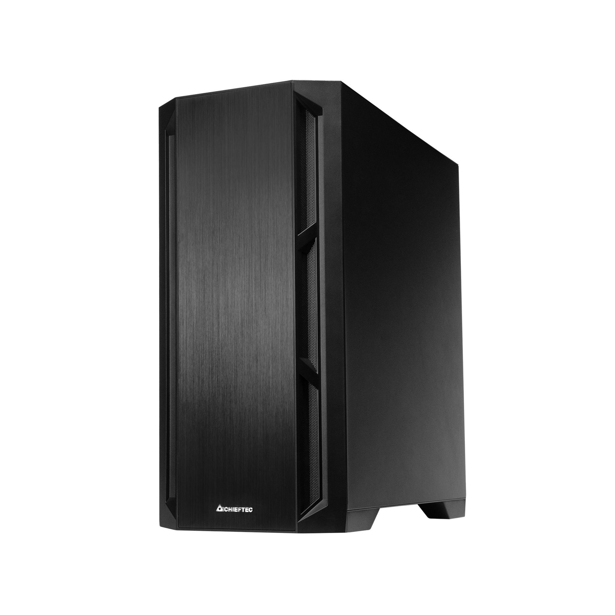 A black computer case. It has a mesh front panel and a modern design.