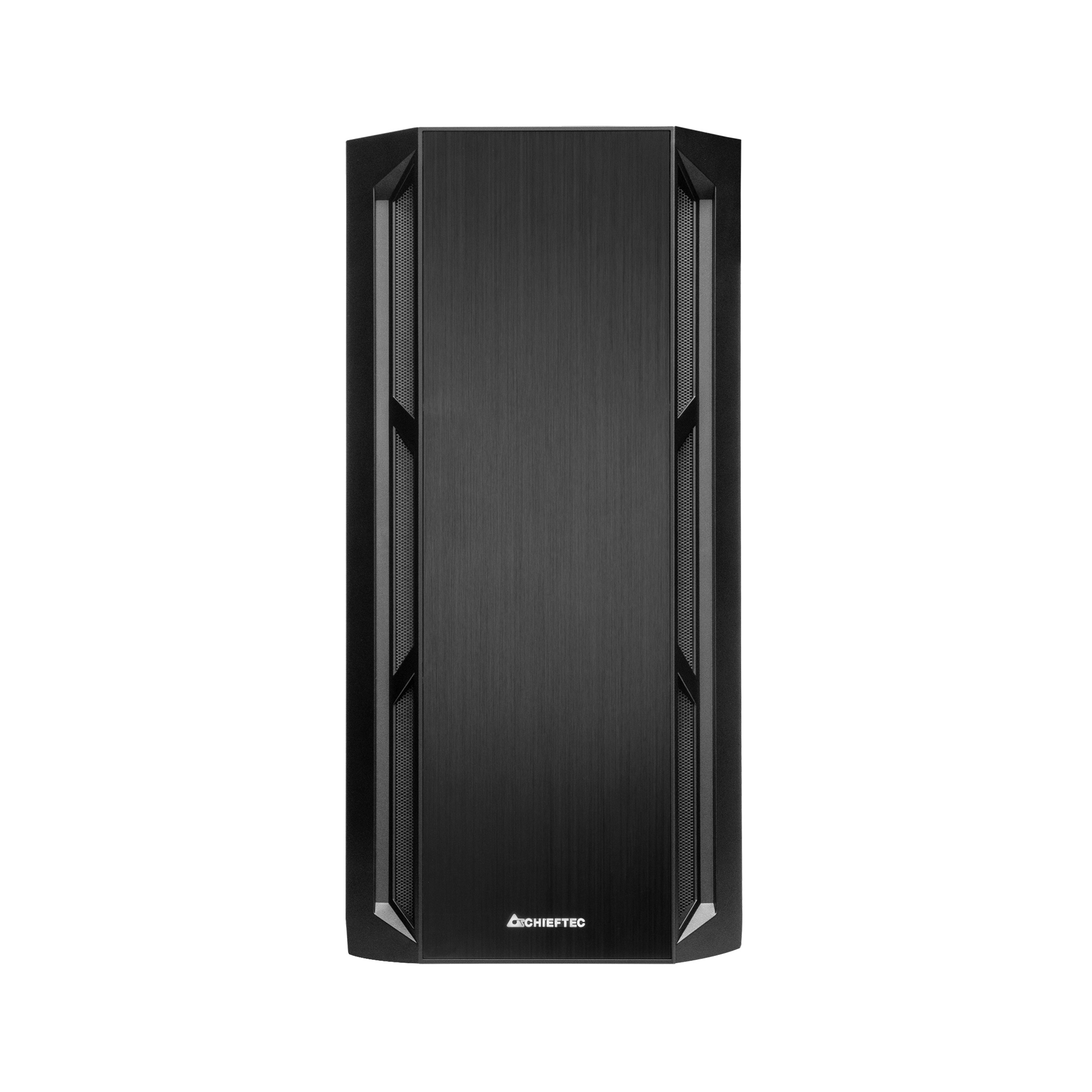 Black computer case with a mesh design on the sides. Chieftec logo at the bottom.