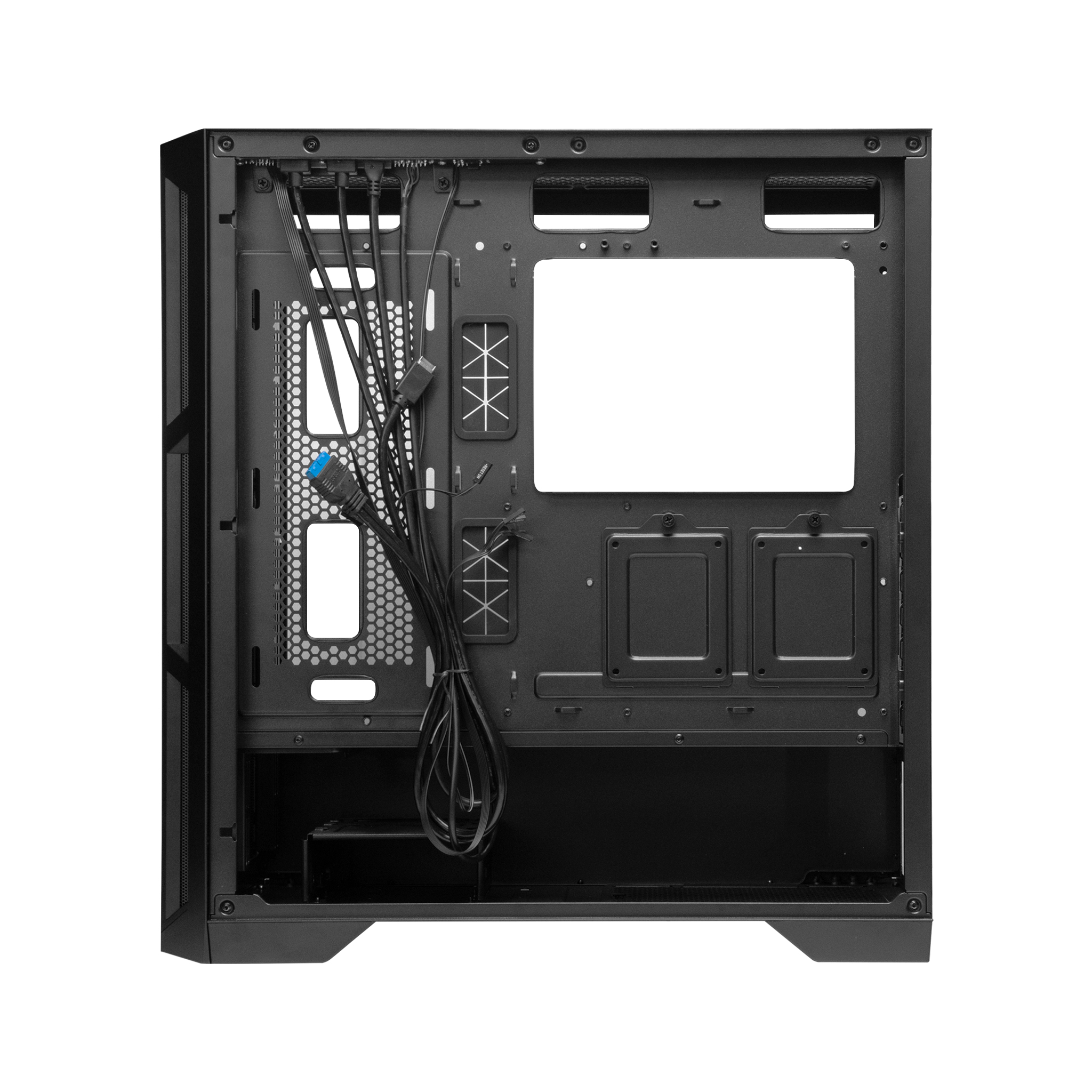 Computer case interior. Shows the structure and internal components: wire, space for motherboard.