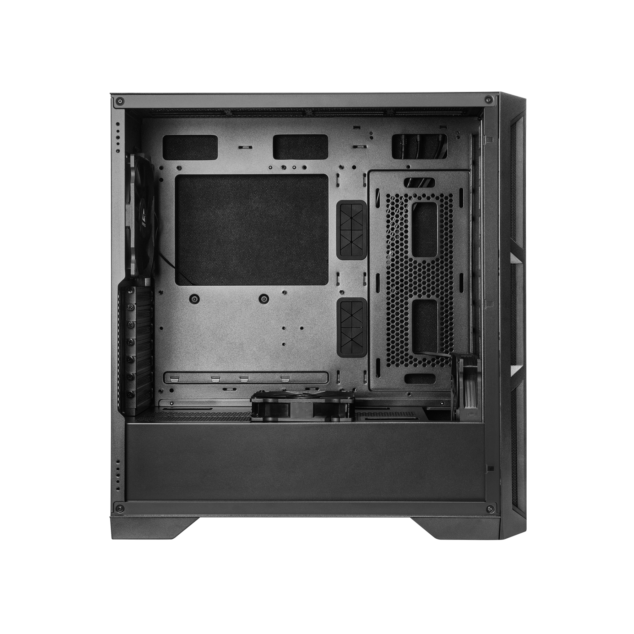 An open black computer case with a visible interior. It has a fan, and various mounting points.