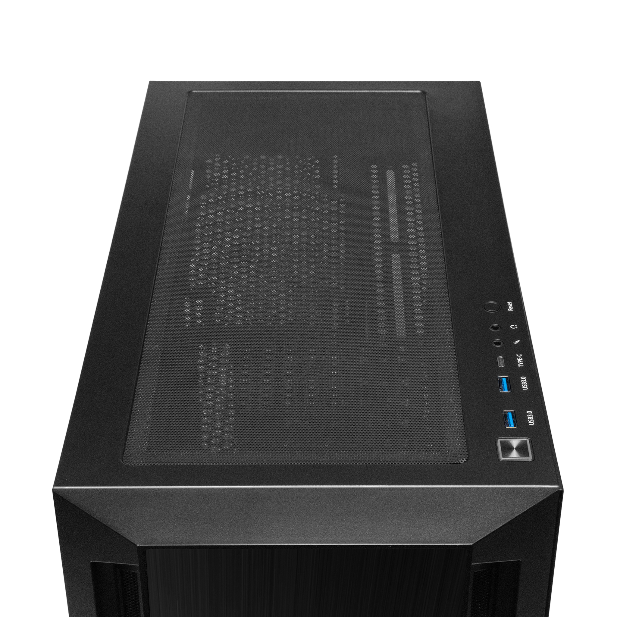 Black computer case with mesh top. USB and power buttons are visible.