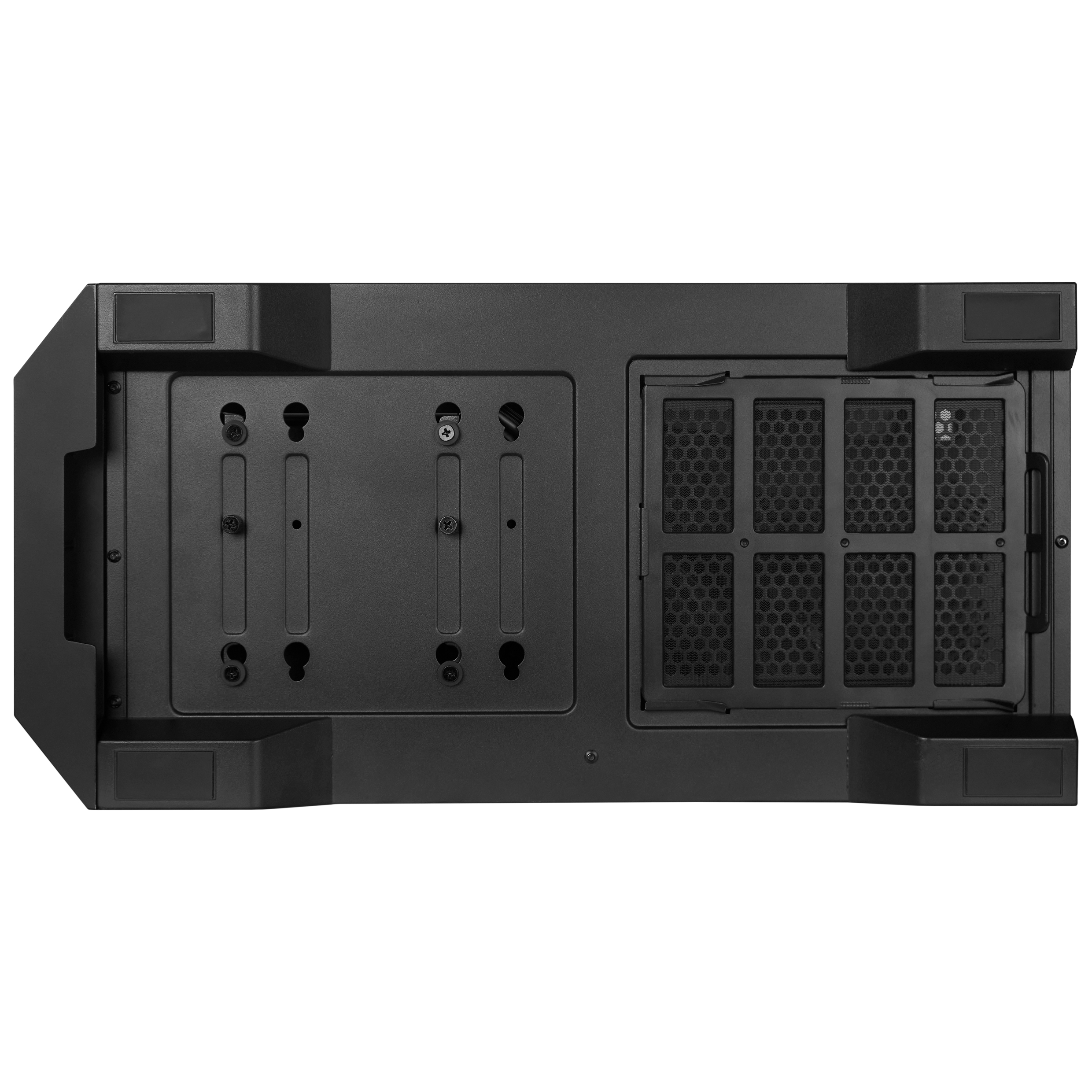 Black computer case base, with ventilation and screw mounts visible. Top view.