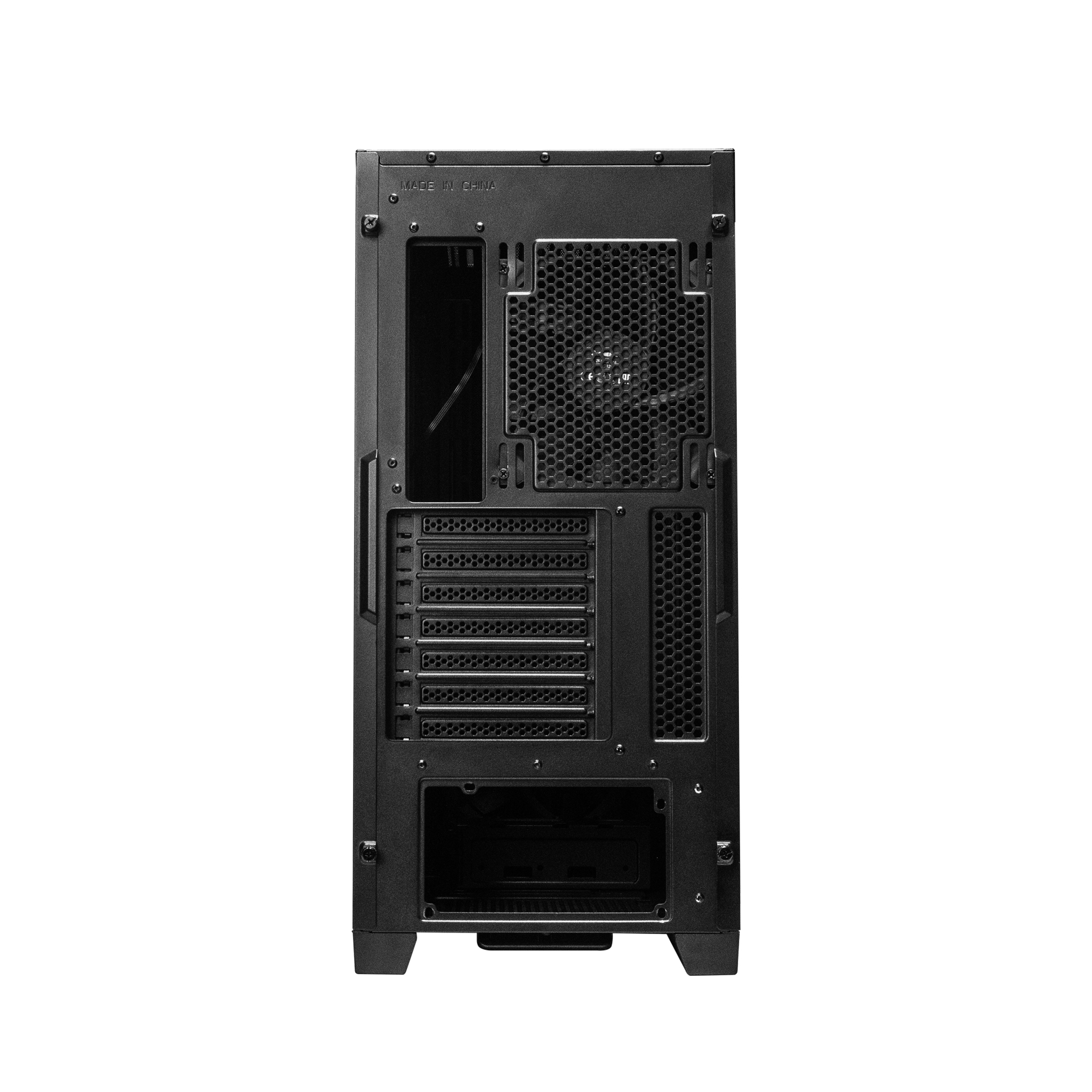Computer case from the back. Black case with screws and openings for components.