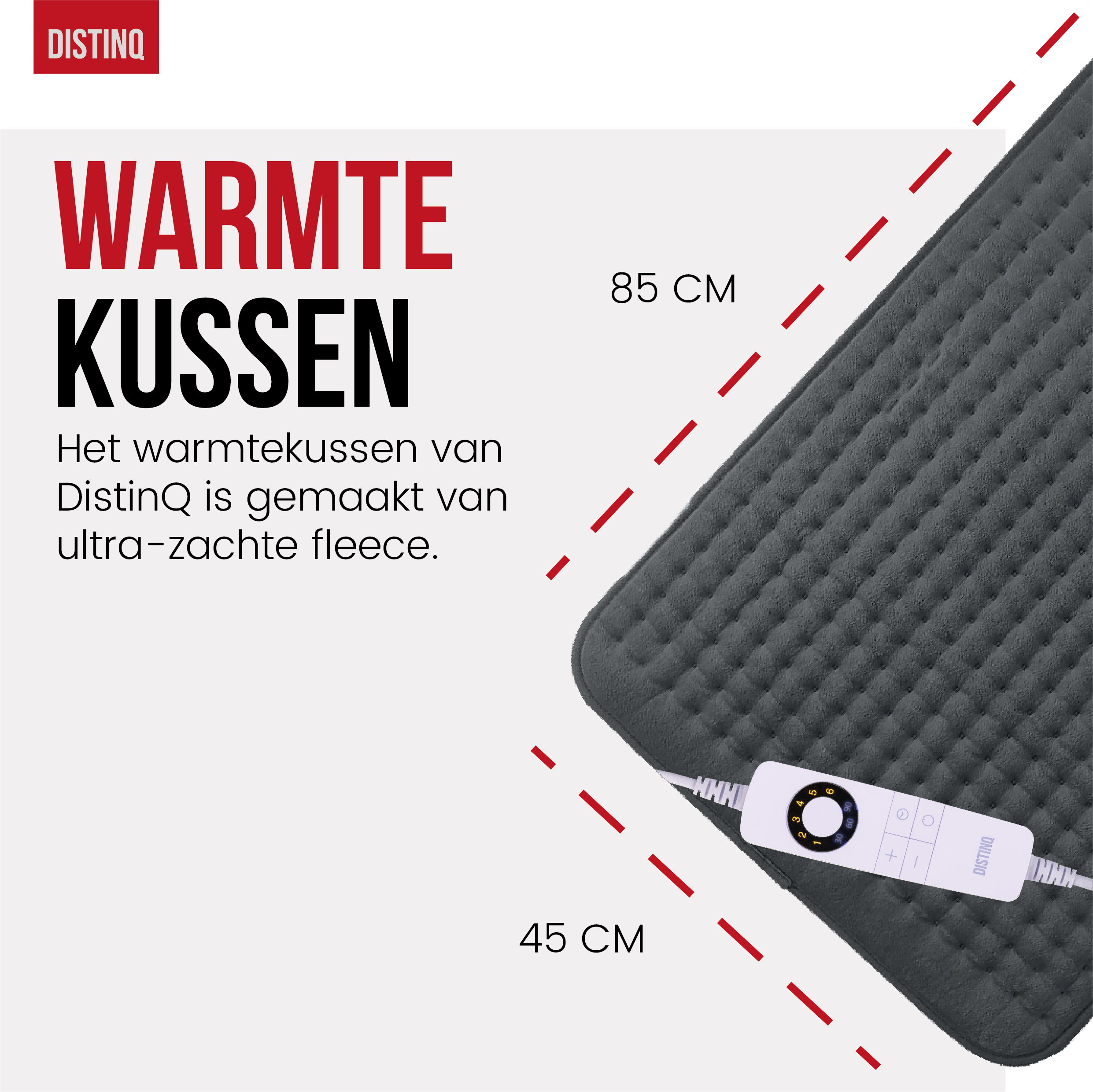 A gray heating pad. Text: Warmth cushion, made of ultra-soft fleece. Dimensions 85 cm x 45 cm.