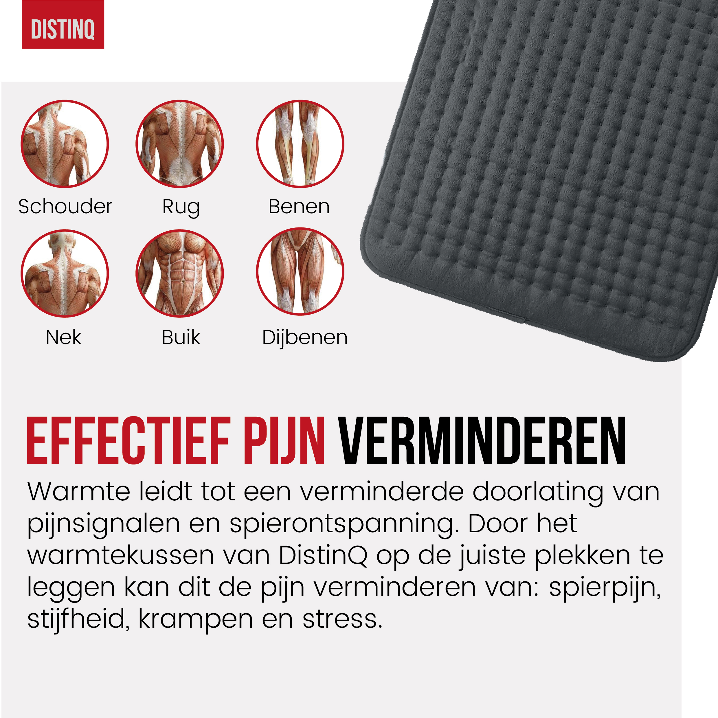 A gray heating pad. It has images of body parts. Text in Dutch says ‘Reduce pain’.