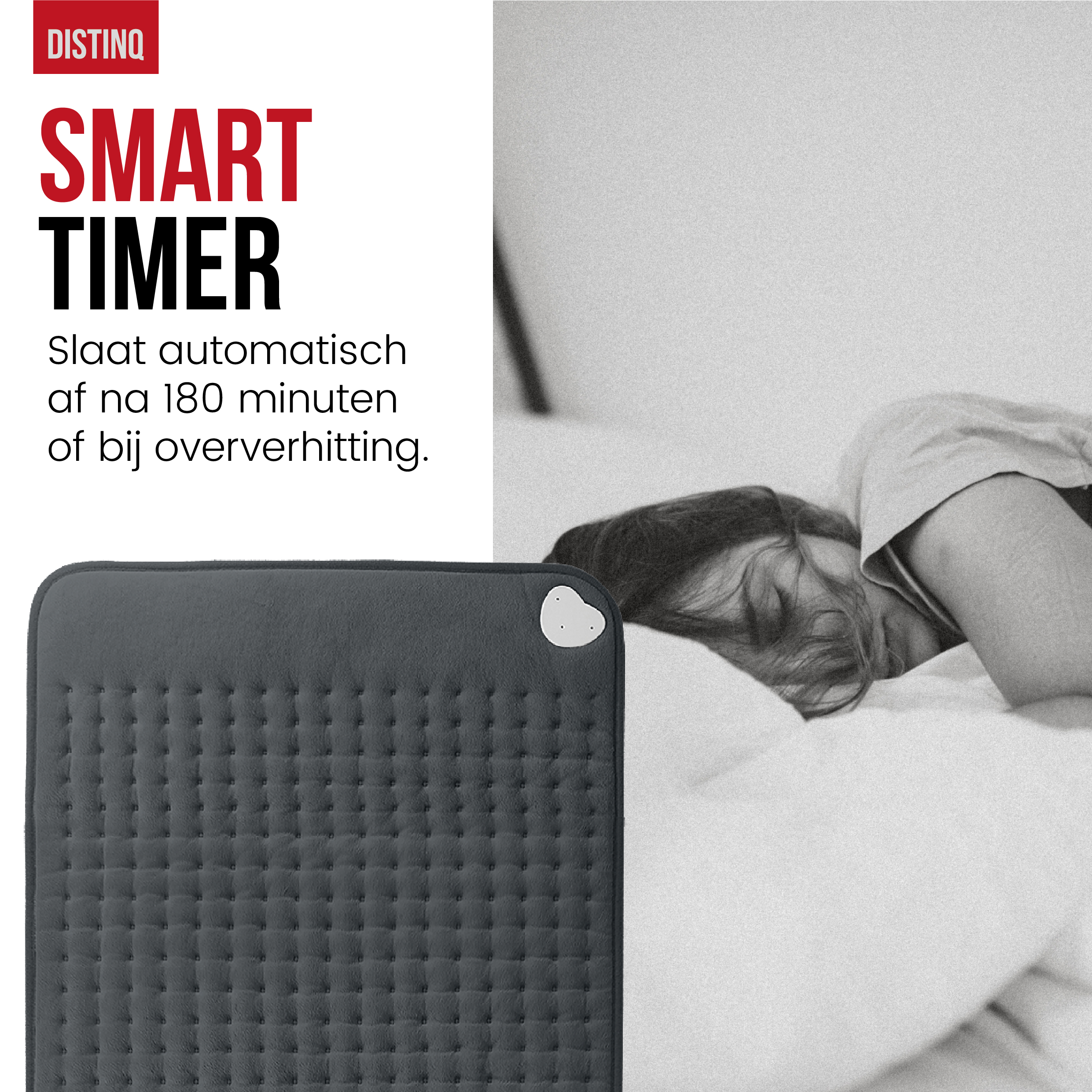 A sleeping woman with a heating pad and text in Dutch: Smart timer.