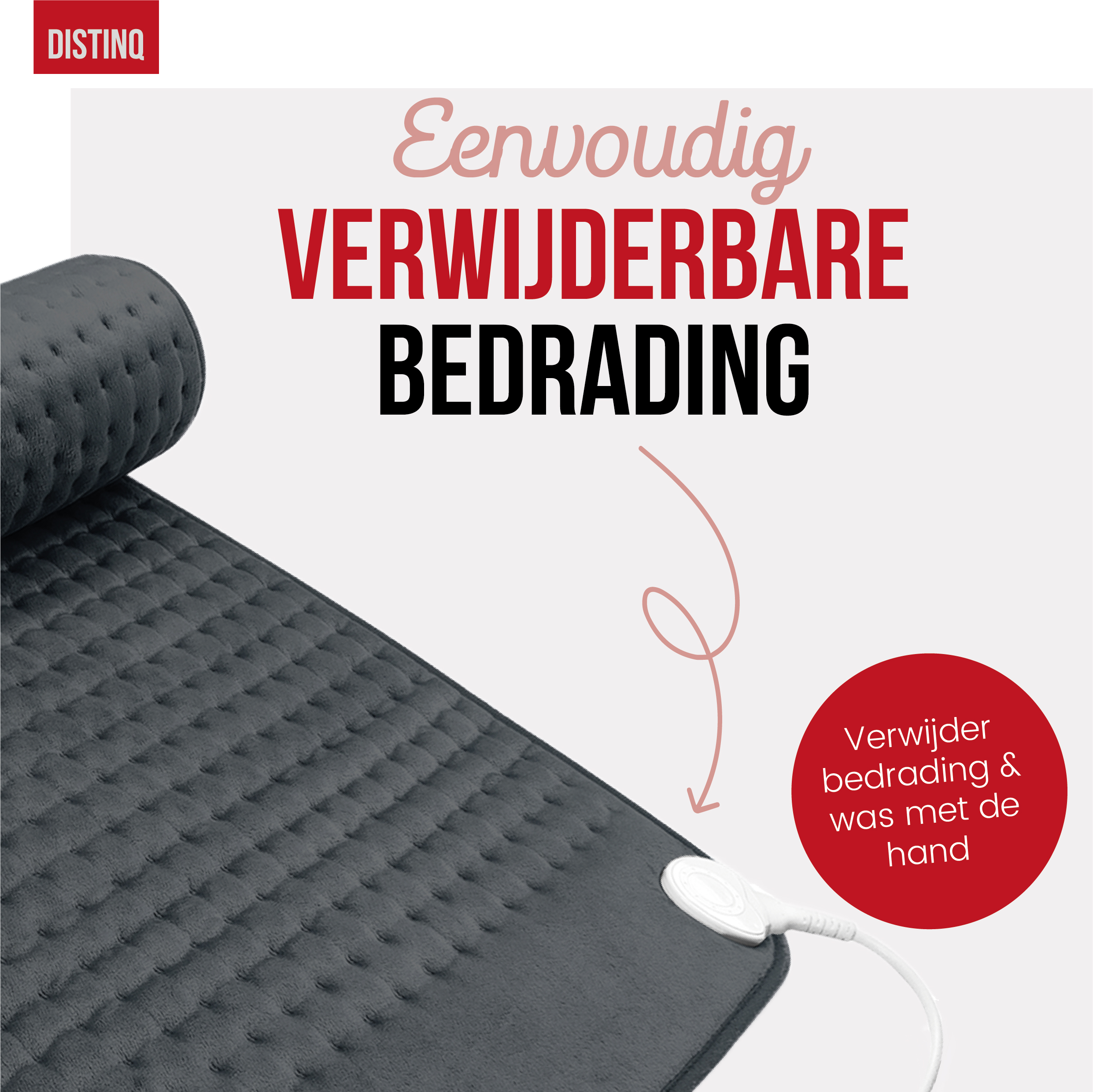 Gray heating pad with a white controller. Text on top: 'Eenvoudig VERWIJDERBARE BEDRADING'. Red circle with text.
