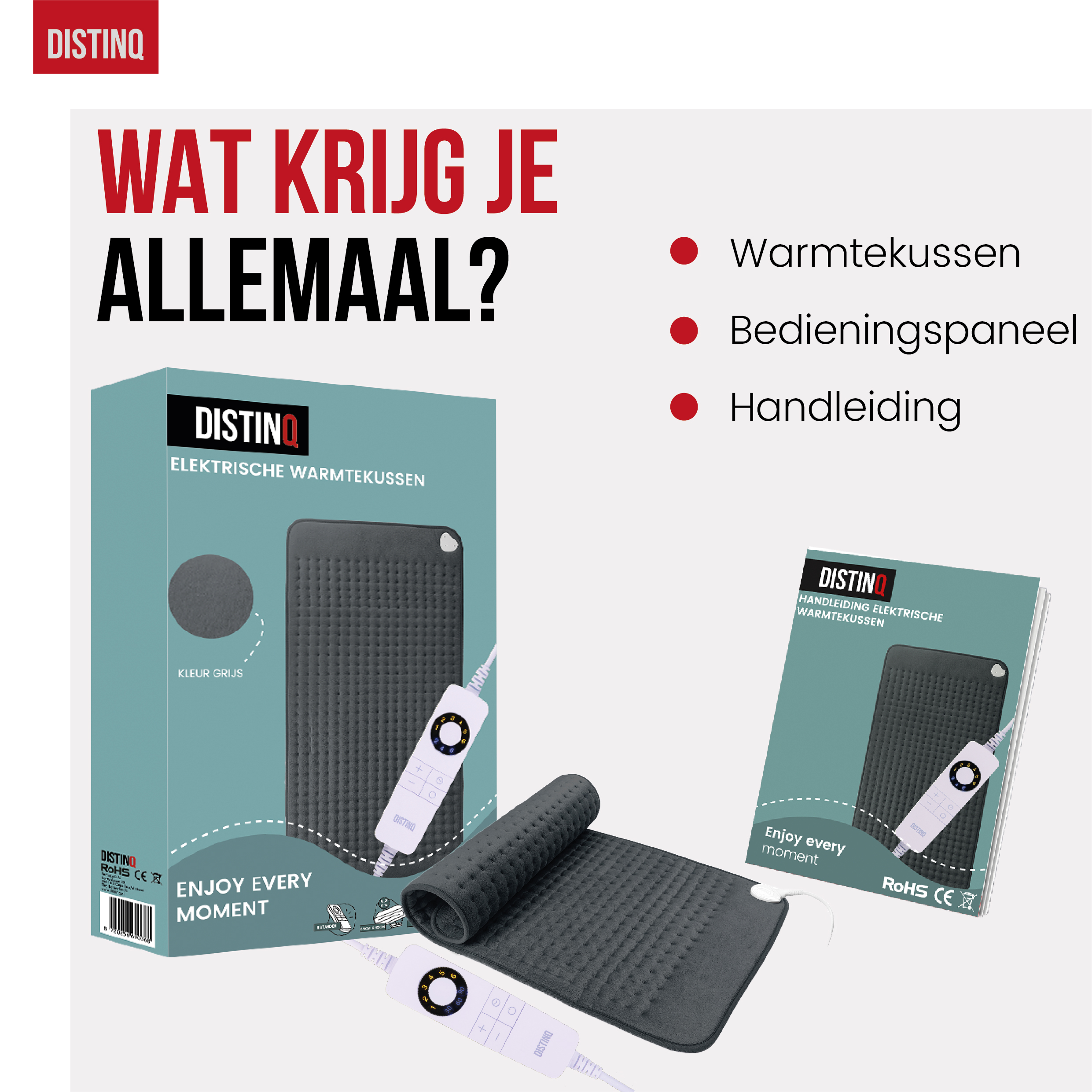 A product package with text and items: a heating pad, control panel, and instructions, all gray and white.