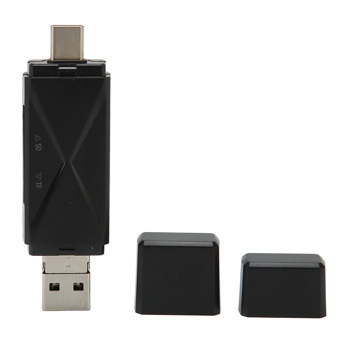 Ein schwarzer USB-C-Adapter mit zwei Kappen für SD- und TF-Karten.