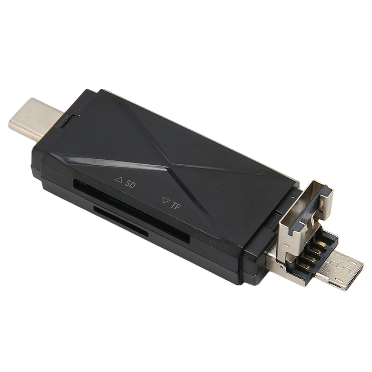 Schwarzer Kartenleser mit USB-C- und Micro-USB-Anschlüssen. Hat SD- und TF-Kartensteckplätze.