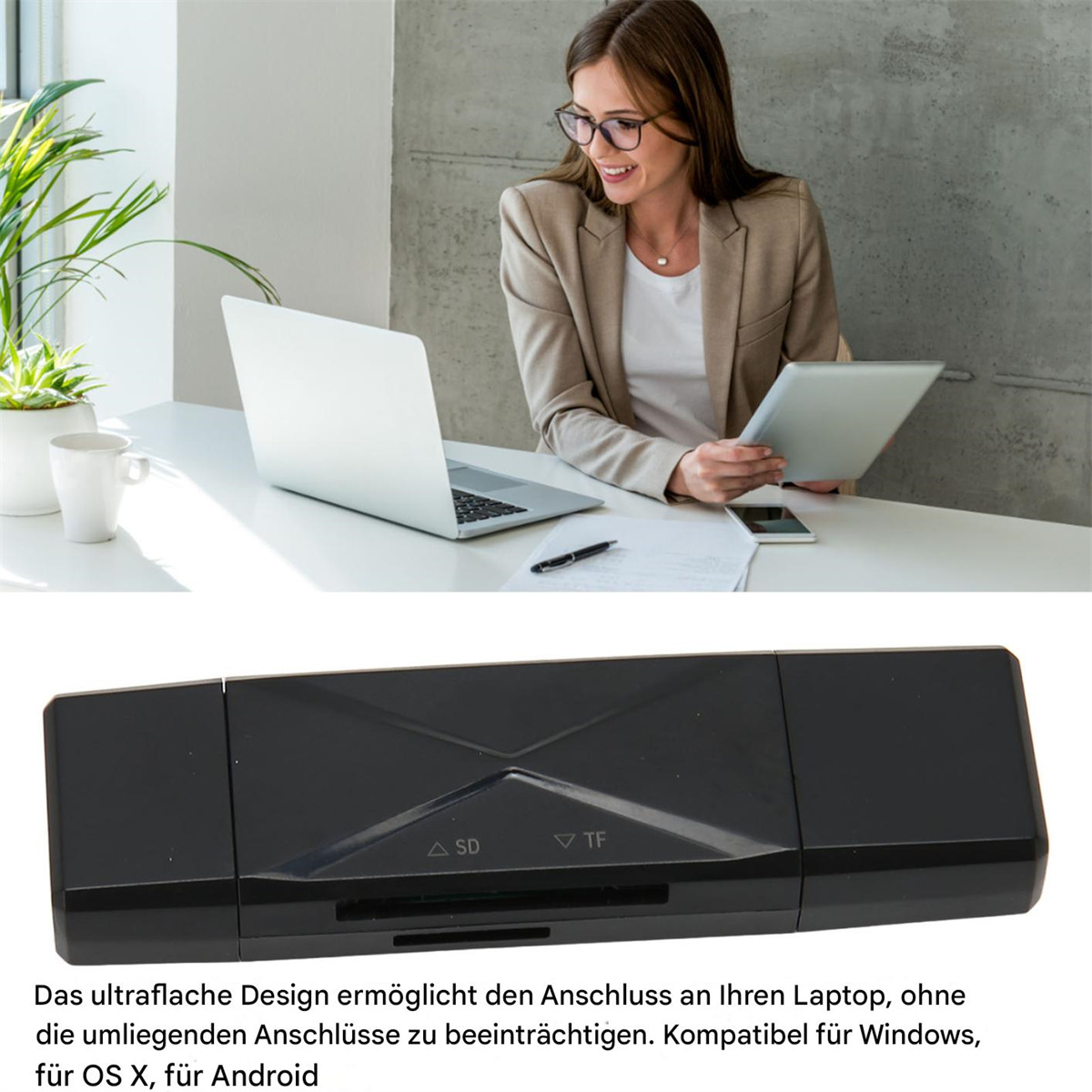 Frau benutzt Tablet neben Laptop. Schwarzer Kartenleser auf dem Tisch.