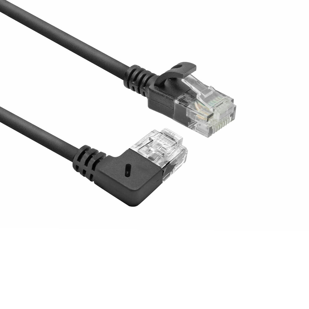 Czarny kabel Ethernet z dwoma złączami. Jedno proste i jedno kątowe.