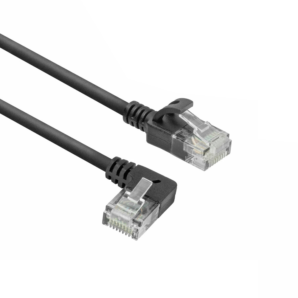 Czarny kabel Ethernet z dwoma przezroczystymi złączami RJ45 na końcach.
