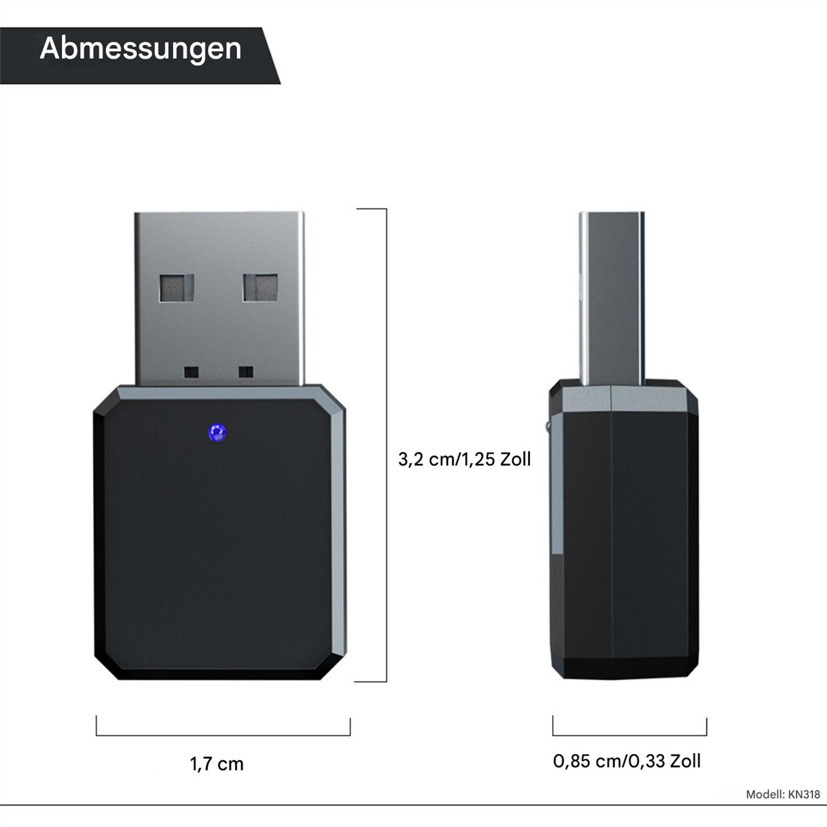 Schwarzer USB-Adapter mit beschrifteten Abmessungen. Text auf Deutsch, zeigt Größendetails.