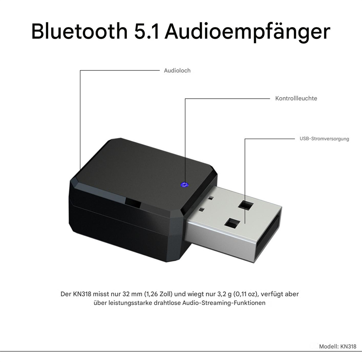 Schwarzer Bluetooth 5.1 Audioempfänger mit USB-Anschluss und blauer Kontrollleuchte.