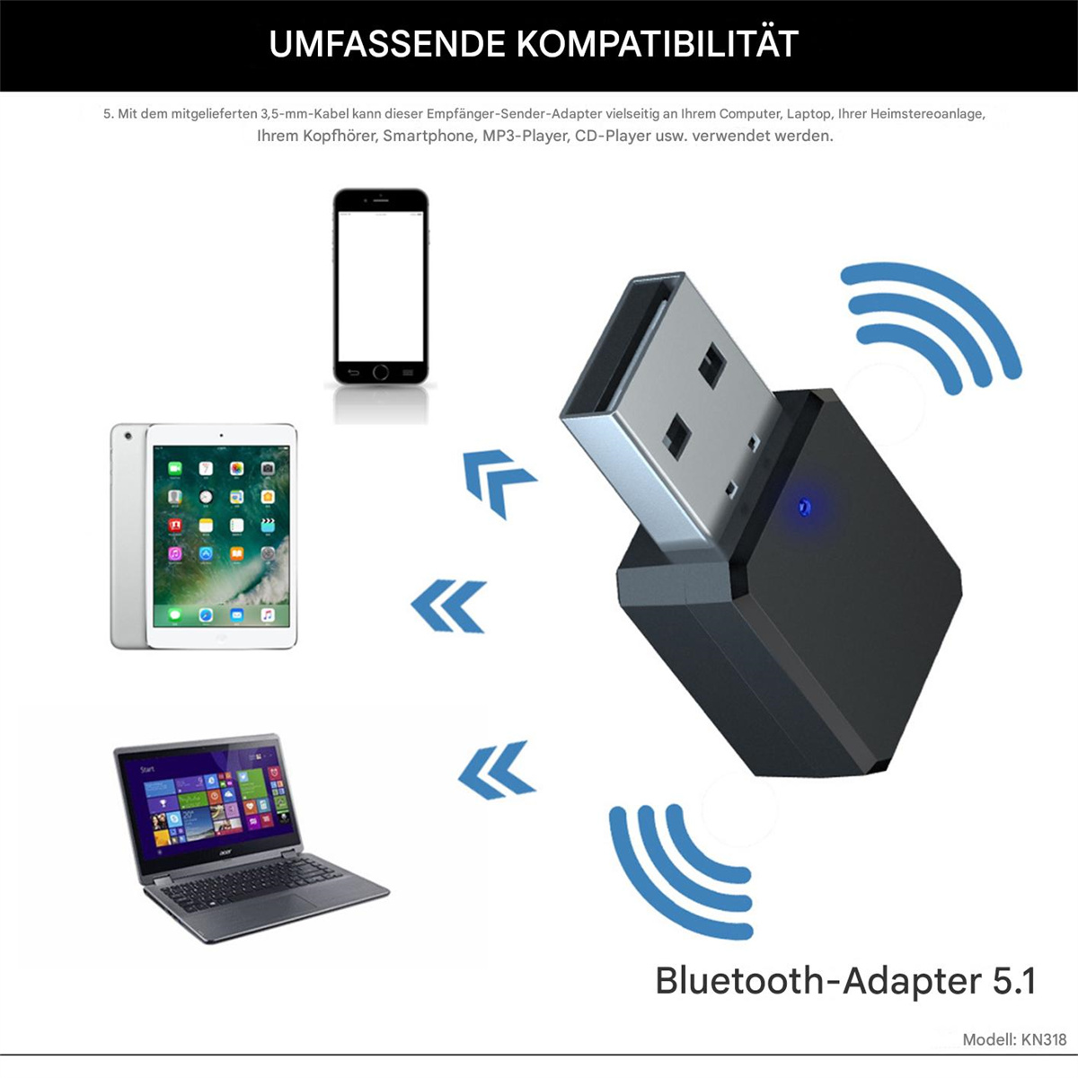 Ein Bluetooth-Adapter, der sich mit Geräten verbindet. Es gibt Bilder von Telefon, Tablet und Laptop.