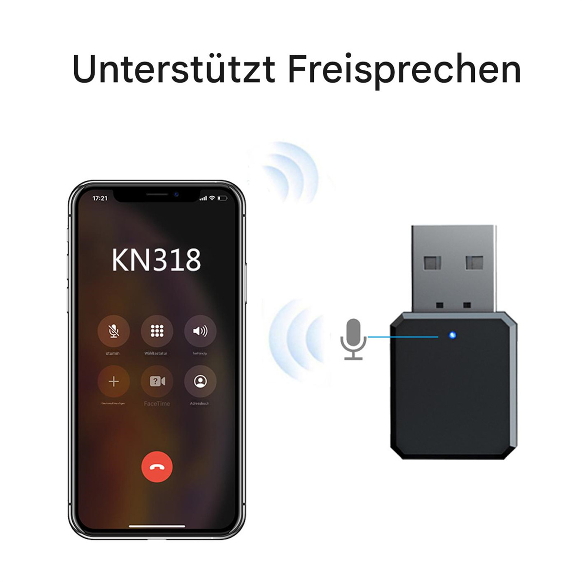 Telefon mit einem USB-Bluetooth-Adapter. Telefon zeigt einen Anrufbildschirm.