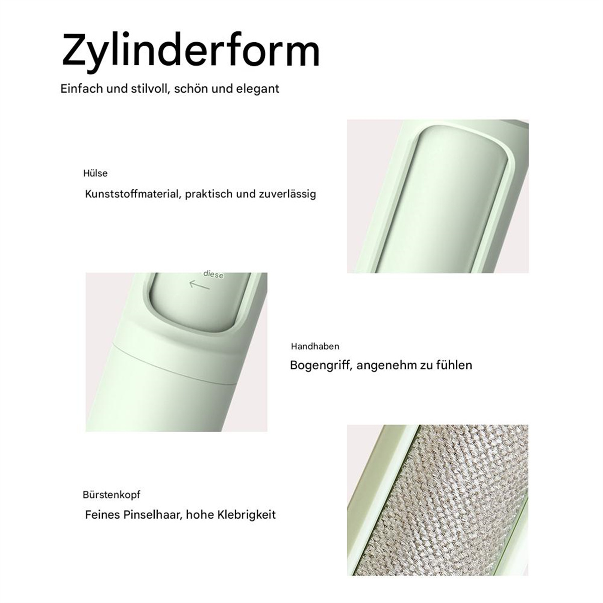 Das Bild zeigt Produktteile: Griff, Bürstenkopf und Hülle. Text beschreibt Materialien und Eigenschaften.
