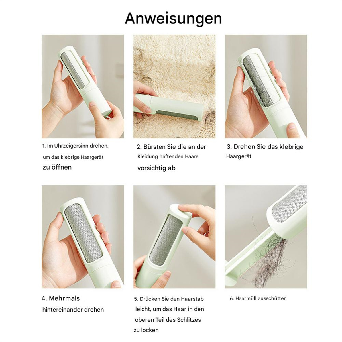 Anleitung für ein Fusselentfernungswerkzeug. Zeigt, wie man das Werkzeug öffnet, benutzt und leert.