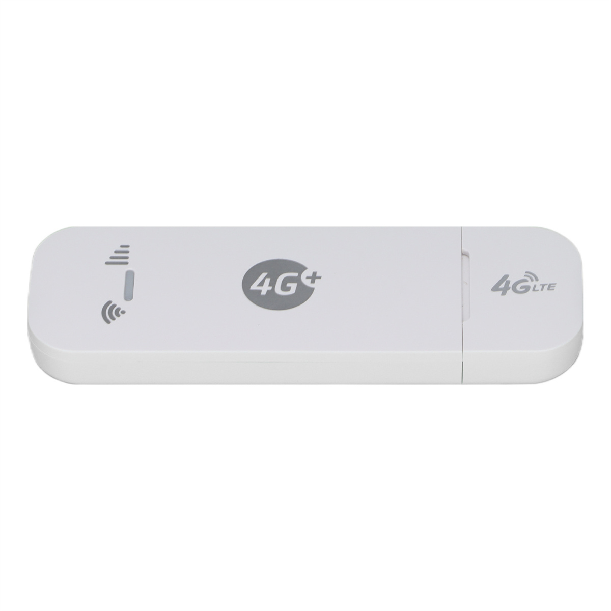 Weißer 4G+ LTE-Modem-Stick vor weißem Hintergrund. Das Gerät hat ein 4G+-Logo.