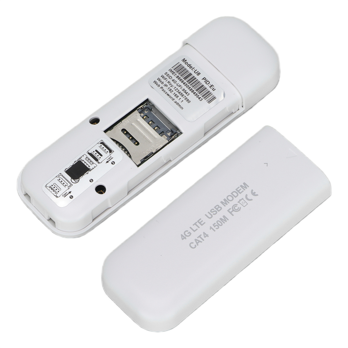 Weißes 4G LTE USB-Modem mit geöffneter Abdeckung, SIM-Kartensteckplatz, weißer Hintergrund.