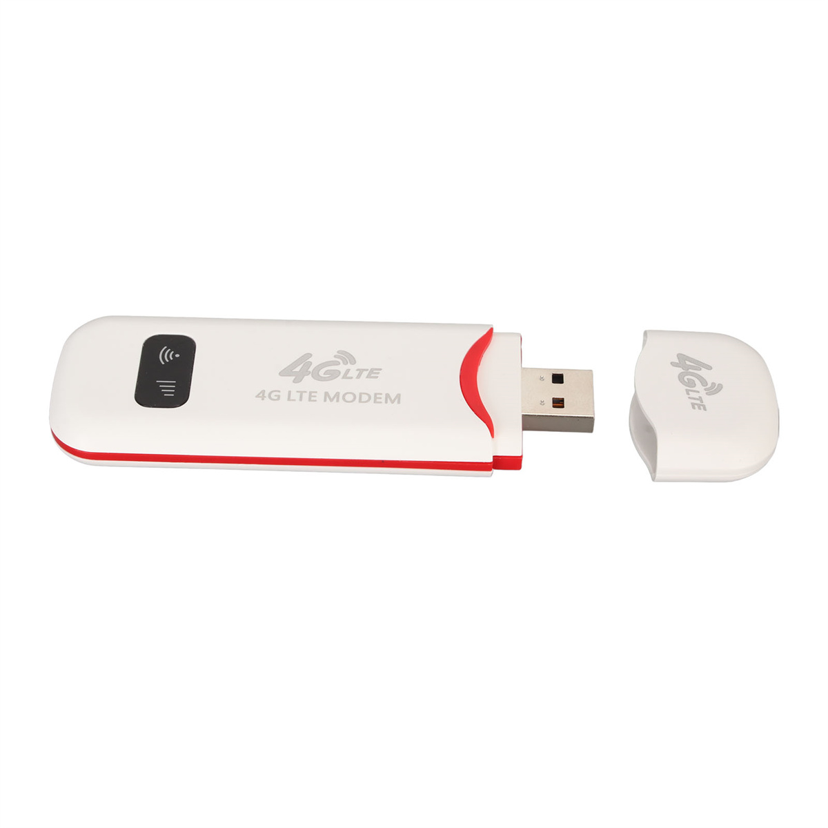 Ein weiß-rotes 4G LTE-Modem mit freiliegendem USB-Anschluss, auf weißem Hintergrund.