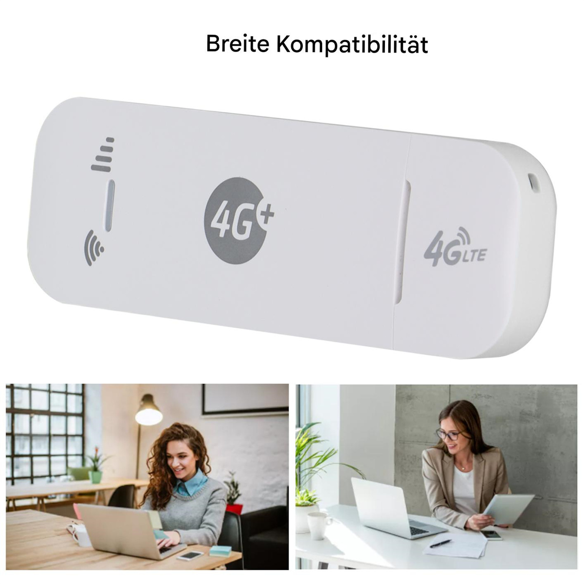 Weißes 4G+ LTE-Modem mit Personen, die im Hintergrund an Laptops und Tablets arbeiten.